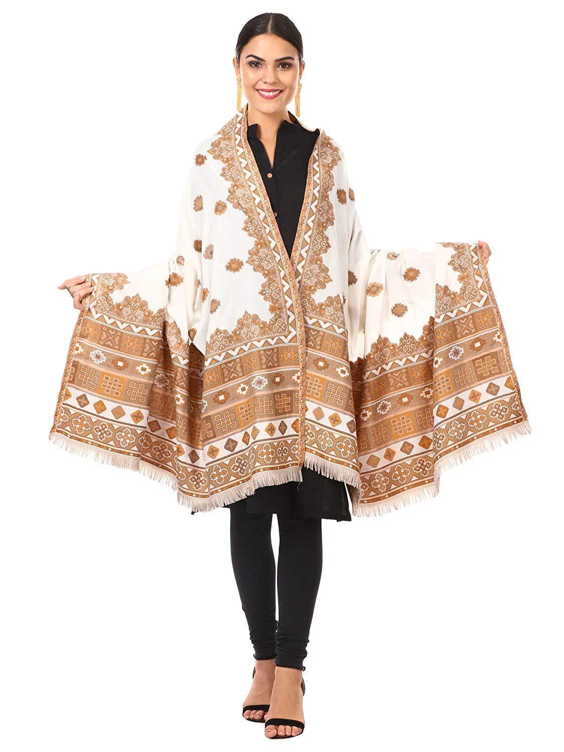 Pashtush India Shawl Pashtush Womens Kullu Jamawar Shawl, Faux Pashmina, Woven Jacquard Design with Kullu Weaving Design, Soft and Warm Faux Pashmina white