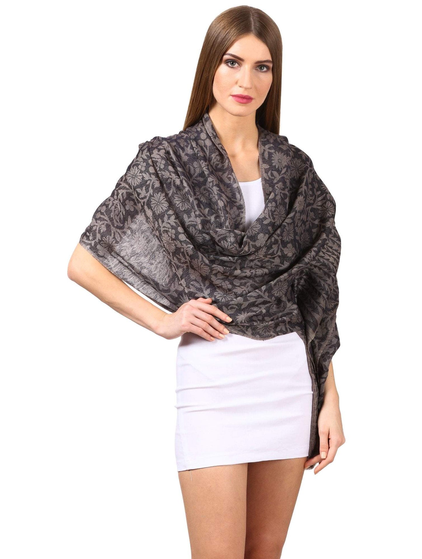Pashtush India Scarf Women's Silk-Pashmina Reversible Floral Scarf, Soft and Warm (Navy Blue)