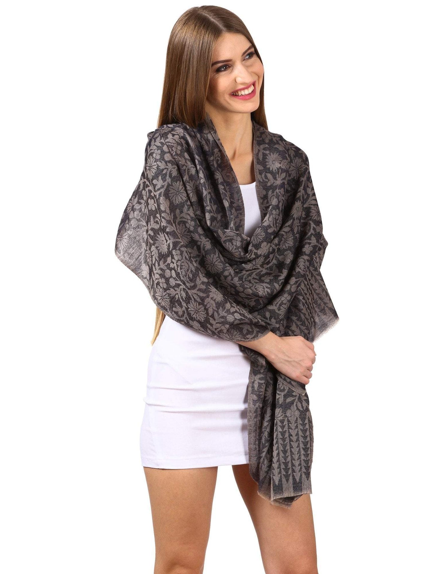 Pashtush India Scarf Women's Silk-Pashmina Reversible Floral Scarf, Soft and Warm (Navy Blue)