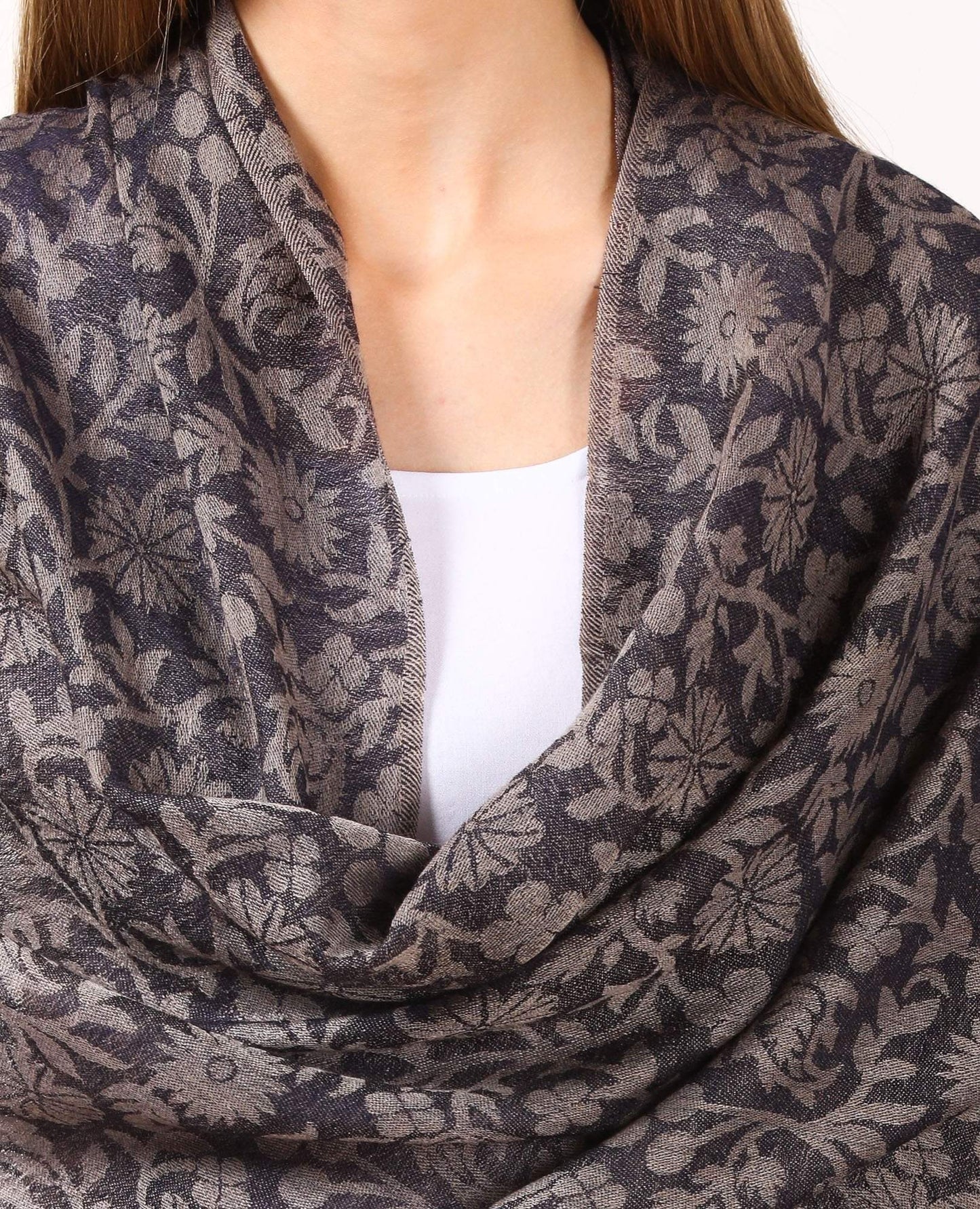 Pashtush India Scarf Women's Silk-Pashmina Reversible Floral Scarf, Soft and Warm (Navy Blue)