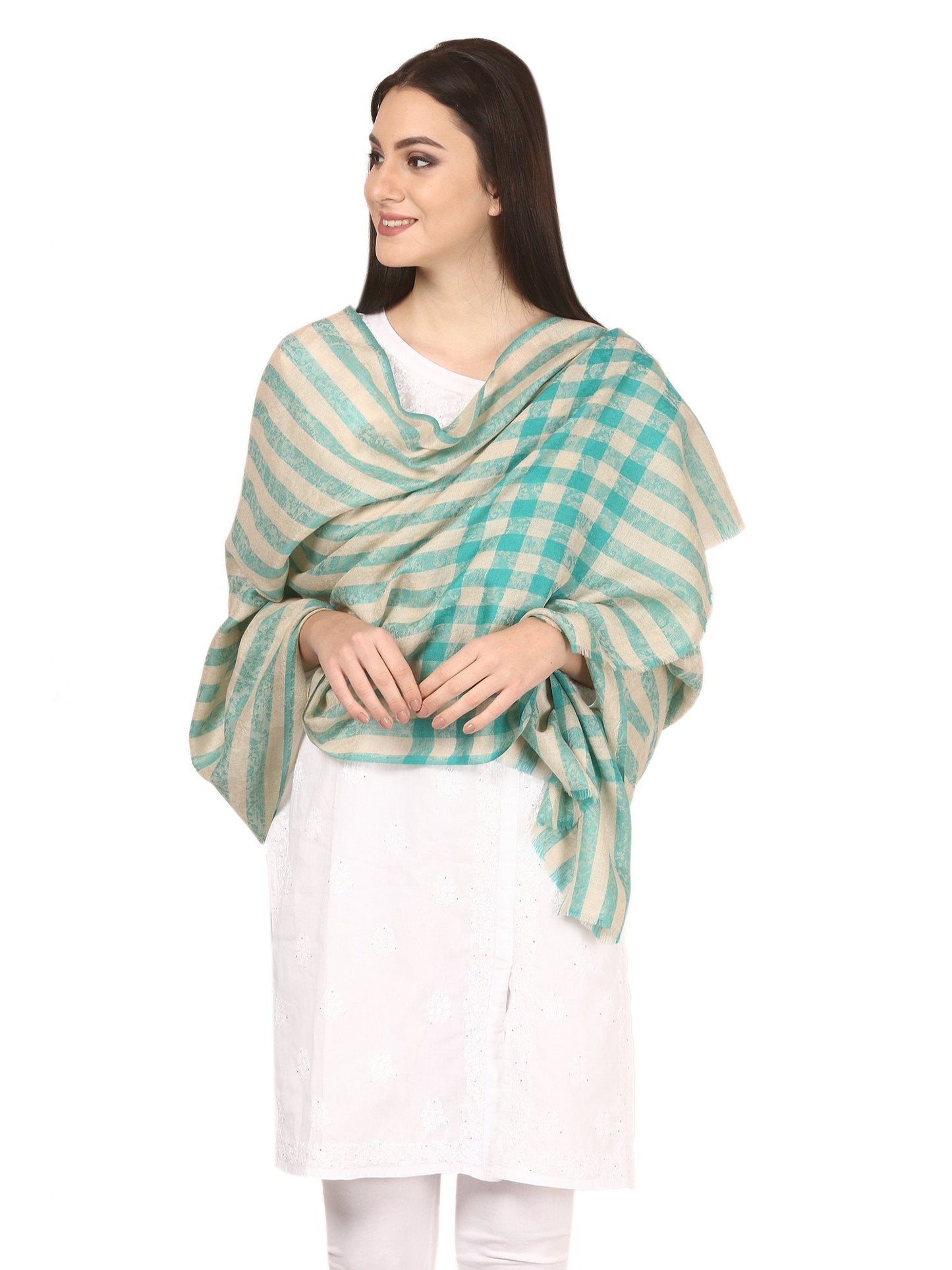 Pashtush India Stole Womens Woven Fine Wool Check Stripe Design Scarf