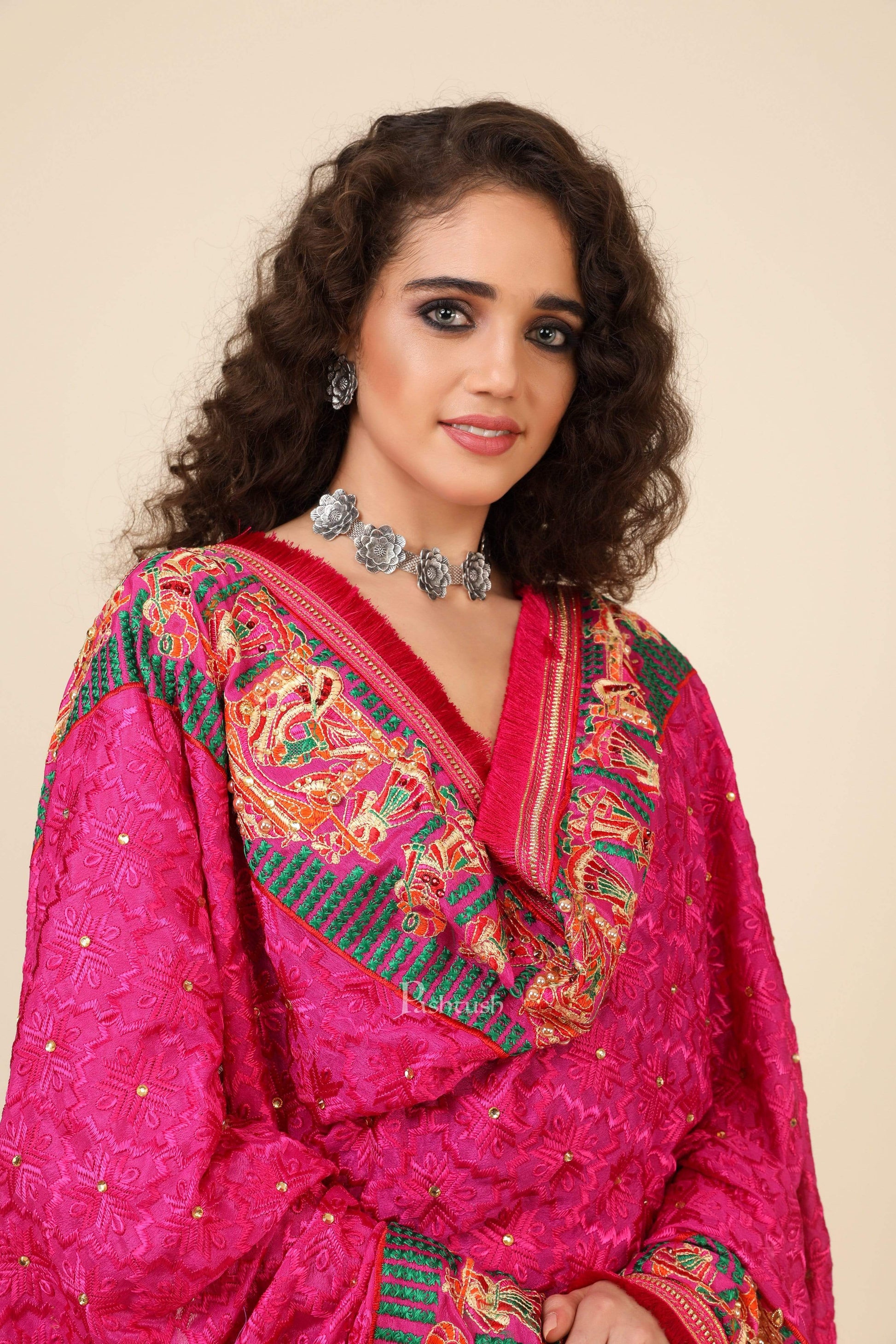 Pashtush India 114x228 Copy of Pashtush Womens Chiffon Dupatta with Multicoloured Embroidery, Phulkari