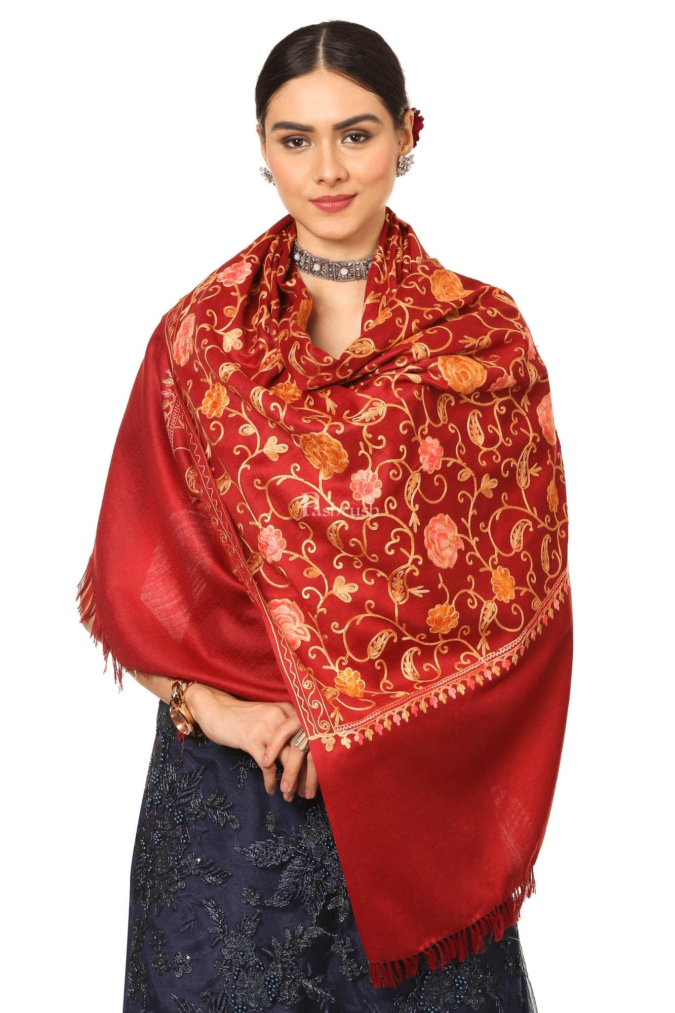 Pashtush India Womens Shawls Pashtush Aari Embroidery Stole, Fine Wool, Maroon