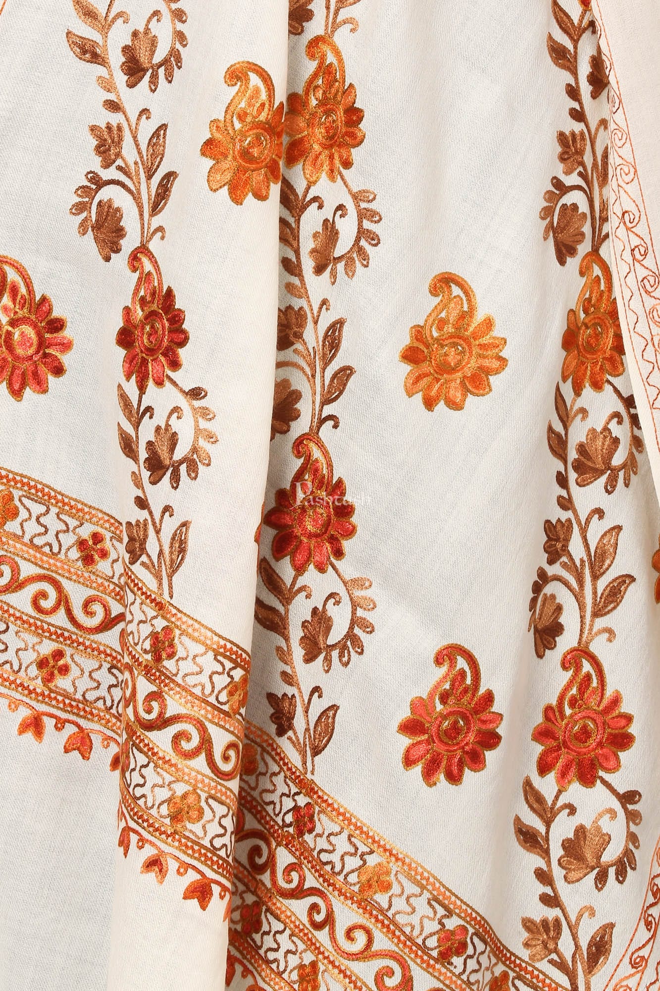 Pashtush India Womens Stoles and Scarves Scarf Pashtush Aari Embroidery Stole, Fine Wool, White