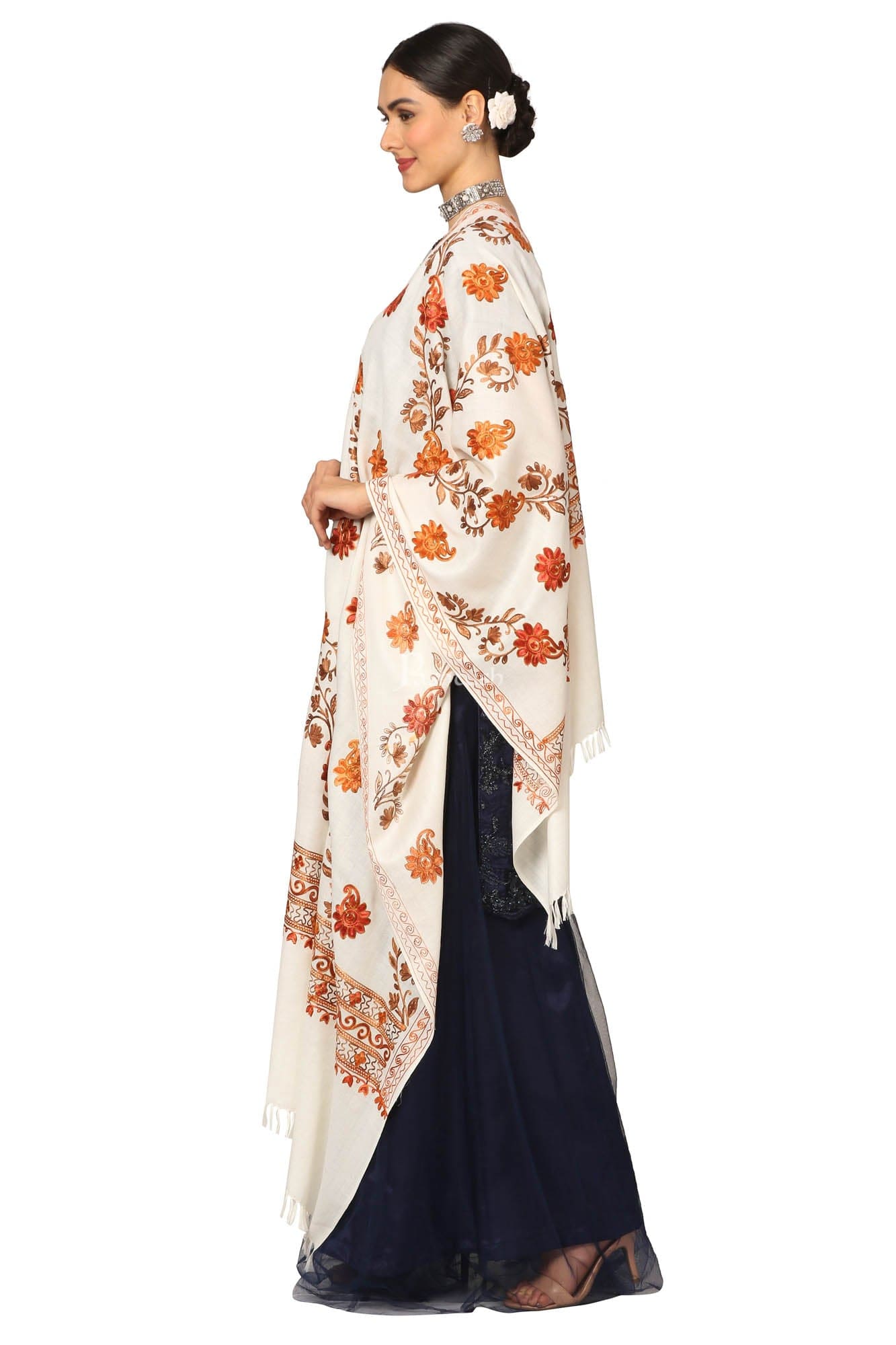 Pashtush India Womens Stoles and Scarves Scarf Pashtush Aari Embroidery Stole, Fine Wool, White