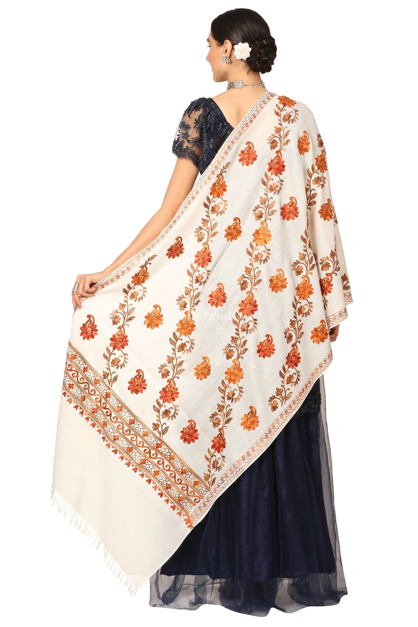 Pashtush India Womens Stoles and Scarves Scarf Pashtush Aari Embroidery Stole, Fine Wool, White