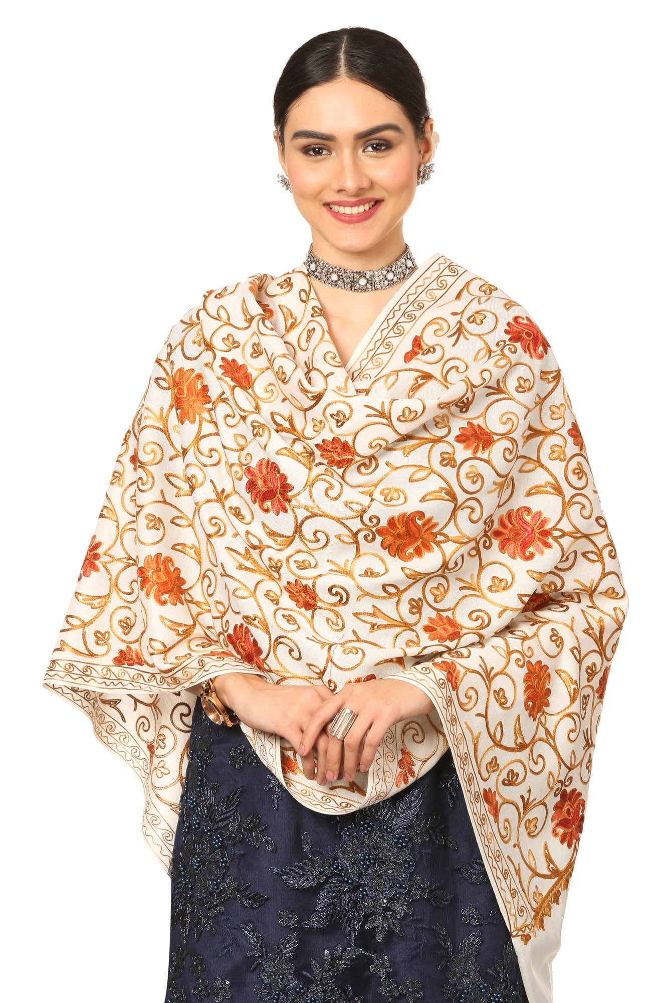 Pashtush India Womens Stoles and Scarves Scarf Pashtush Aari Embroidery Stole, Fine Wool, White