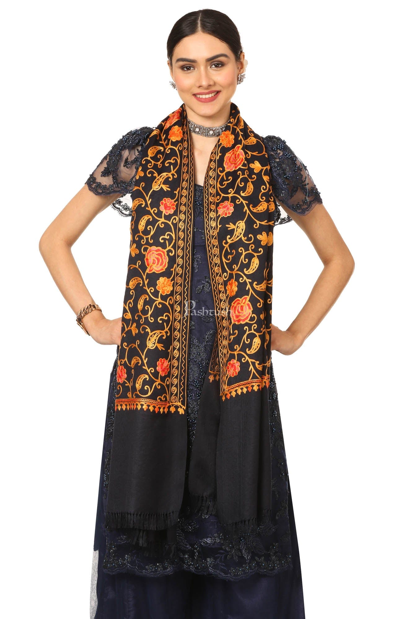 Pashtush India Womens Stoles and Scarves Scarf Pashtush Aari Embroidery, Woollen Stole