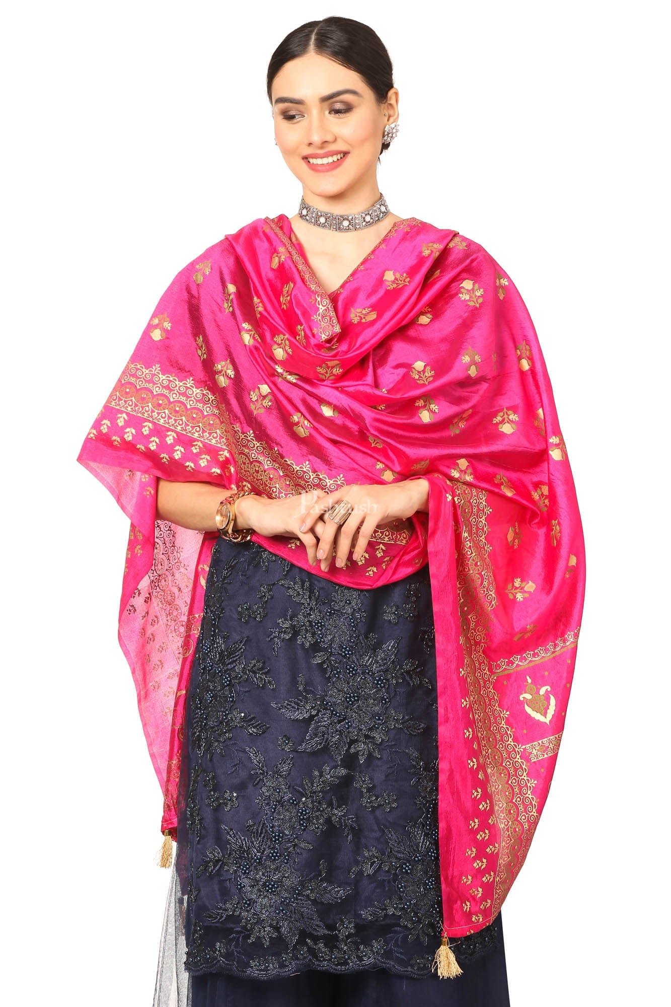 Pashtush India Womens Dupatta Pashtush Art Silk Dupatta For Women, With Golden Coloured Foil Printing, Light Weight And Bright, Pink