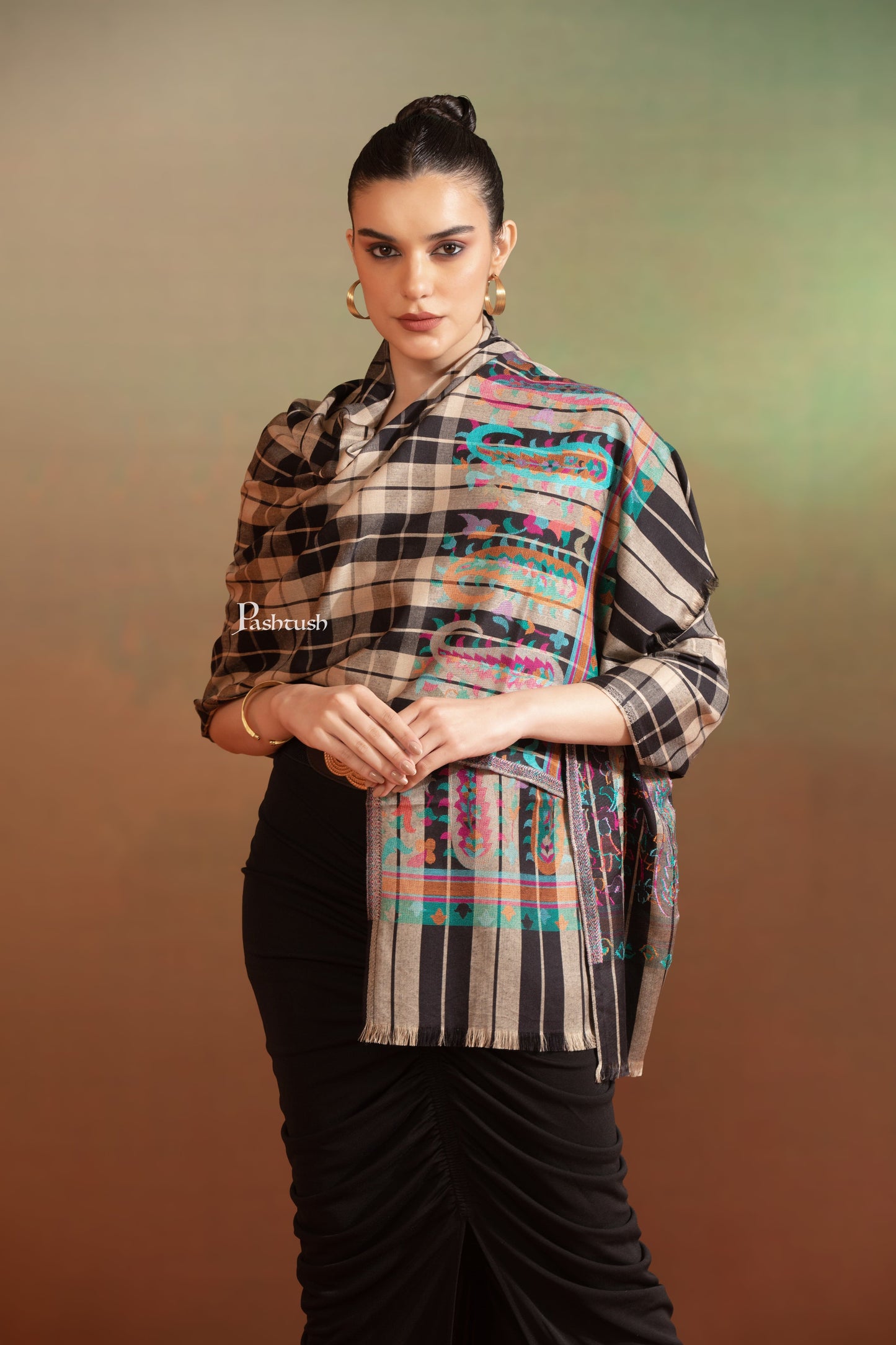 Pashtush India Womens Stoles and Scarves Scarf Pashtush Bamboo Stole, Checkered Weave With Multicoloured Paisley Palla