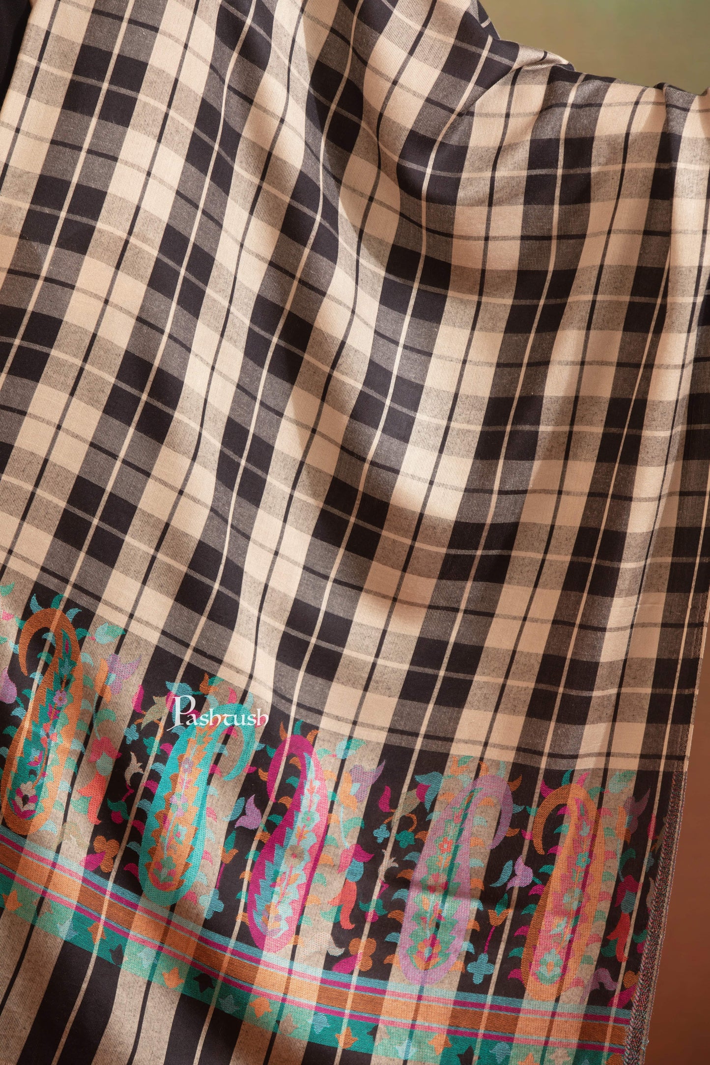 Pashtush India Womens Stoles and Scarves Scarf Pashtush Bamboo Stole, Checkered Weave With Multicoloured Paisley Palla