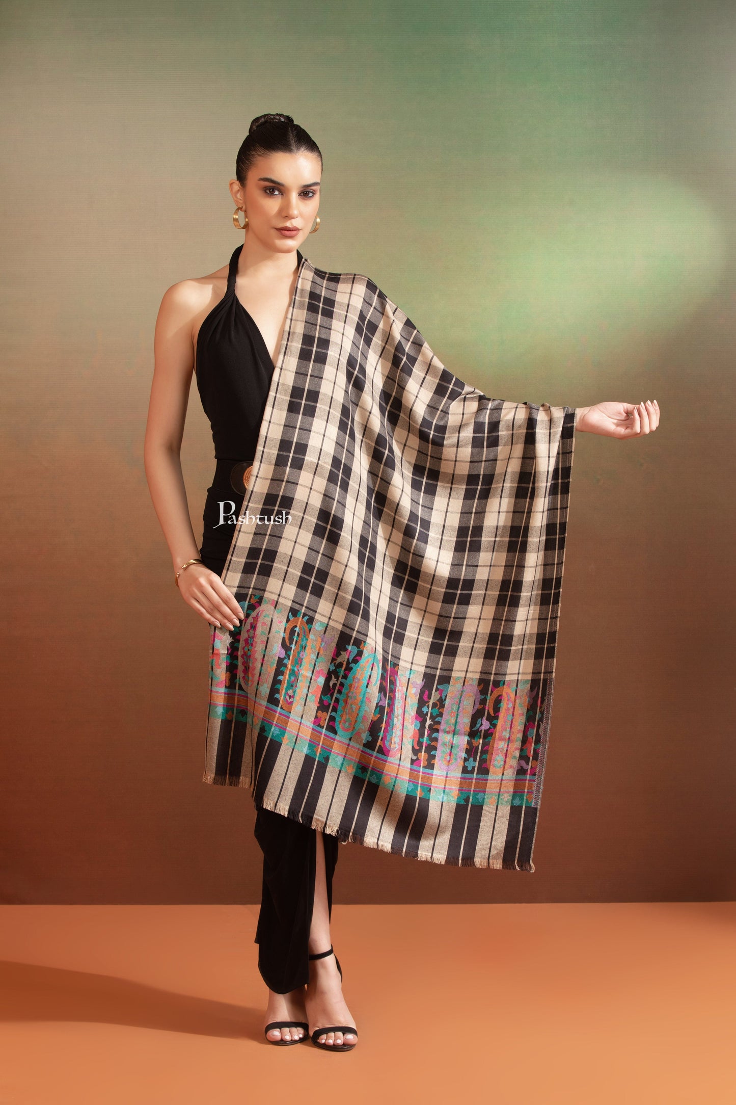 Pashtush India Womens Stoles and Scarves Scarf Pashtush Bamboo Stole, Checkered Weave With Multicoloured Paisley Palla