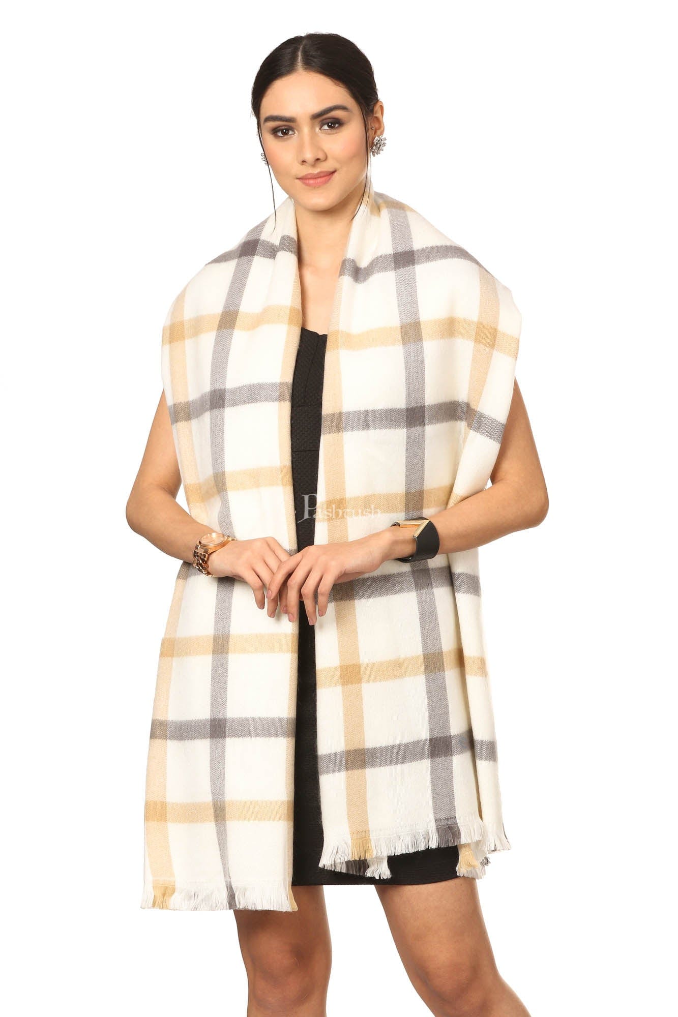 Pashtush India Womens Stoles and Scarves Scarf Pashtush Cashmere Woollen Mufflers For Women, Ultra Soft And Warm, Smooth Handfeel, Extra Warm - White