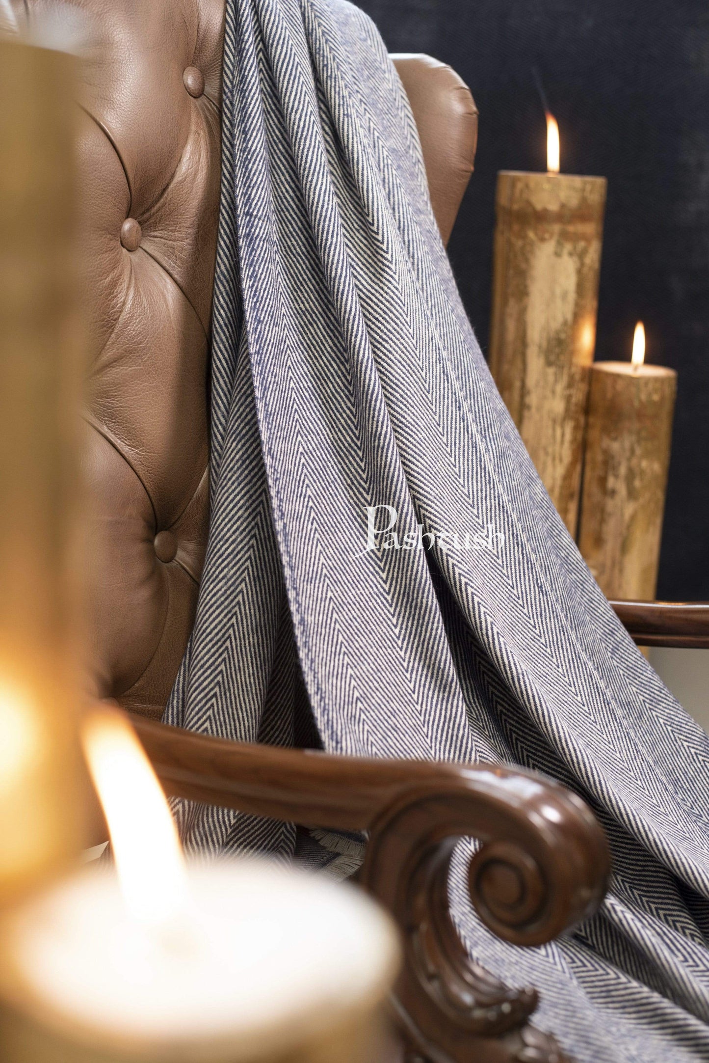 Pashtush India 127x254 Pashtush Chevron Thick and Warm Woollen Throw, Warm Blue