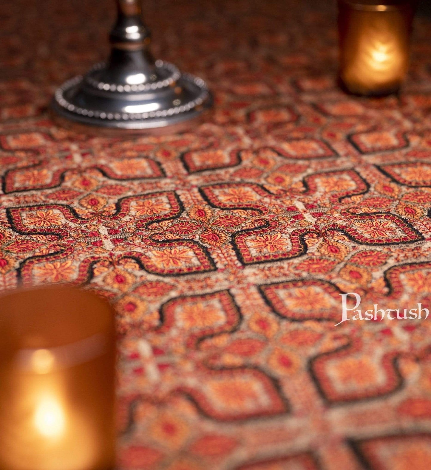 Pashtush India 100x200 Pashtush Embroidered Table Runner, 100% Pure Wool (Woolmark Certified)