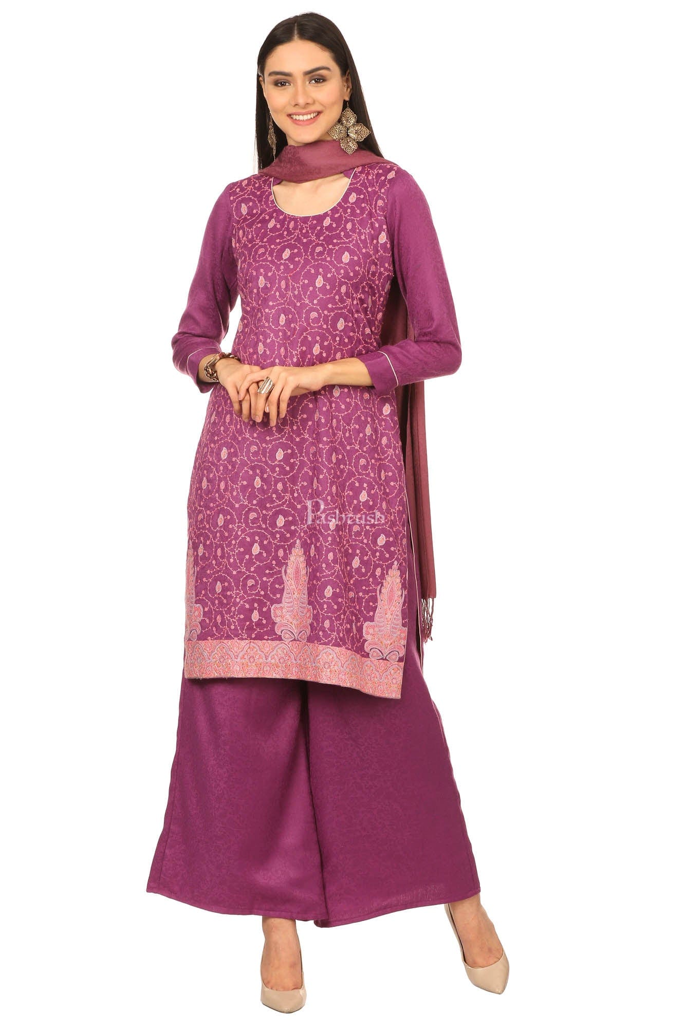 Pashtush India Womens Stoles and Scarves Scarf Pashtush Embroidery Suit, Fine Wool (Unstitched) -
