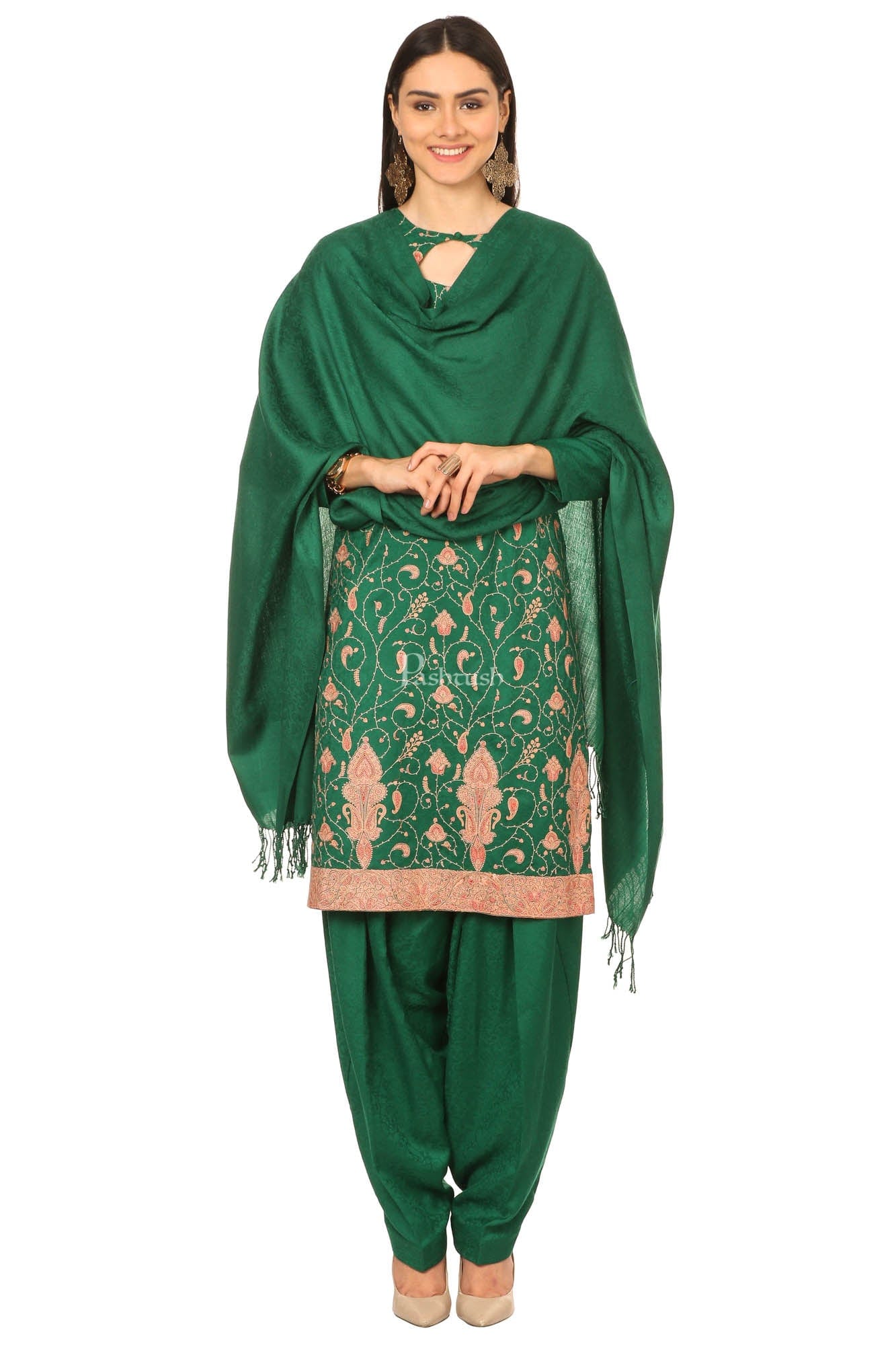 Pashtush India Womens Stoles and Scarves Scarf Pashtush Embroidery Suit, Fine Wool (Unstitched) - Bottle Green