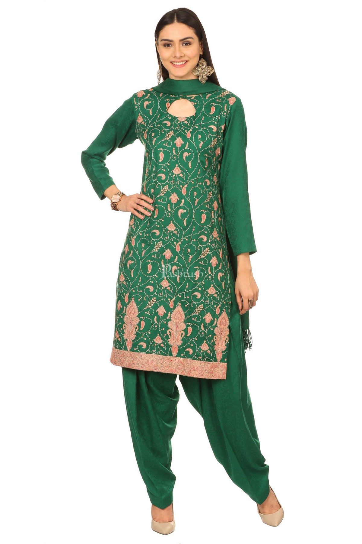 Pashtush India Womens Stoles and Scarves Scarf Pashtush Embroidery Suit, Fine Wool (Unstitched) - Bottle Green