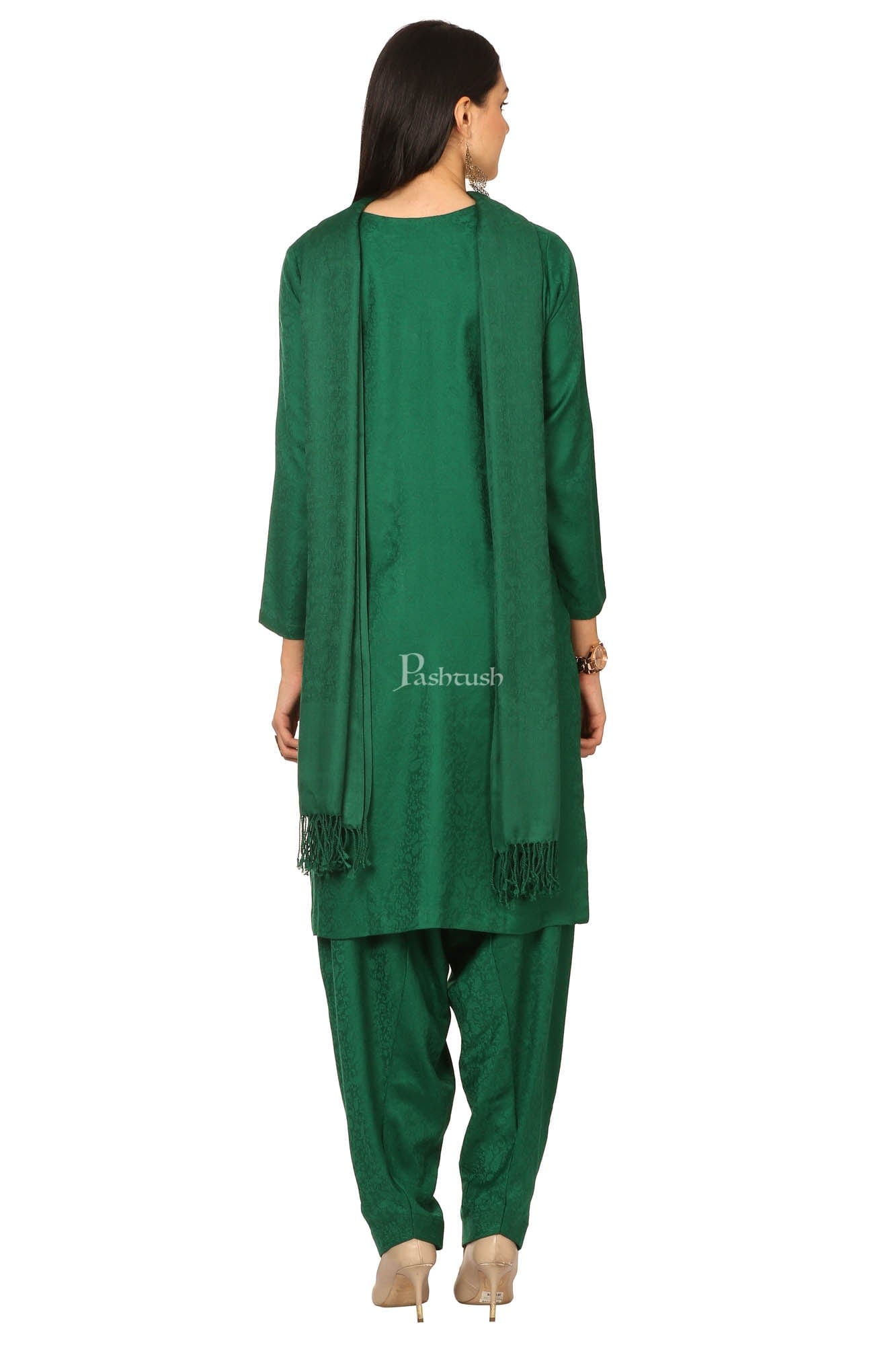 Pashtush India Womens Stoles and Scarves Scarf Pashtush Embroidery Suit, Fine Wool (Unstitched) - Bottle Green