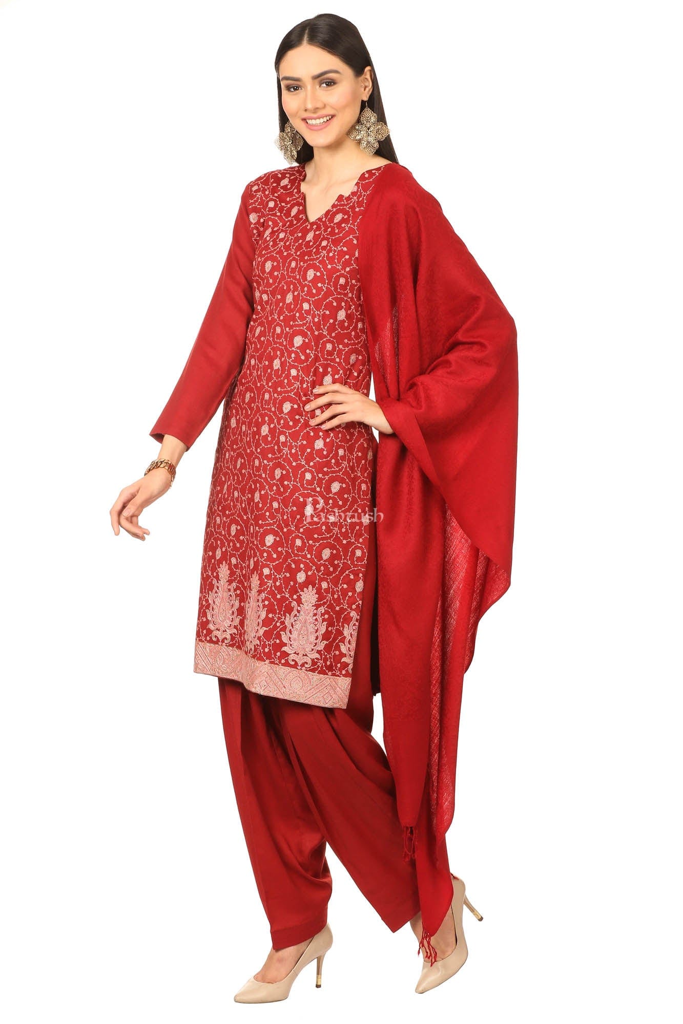 Pashtush India Womens Stoles and Scarves Scarf Pashtush Embroidery Suit, Fine Wool (Unstitched) - Maroon