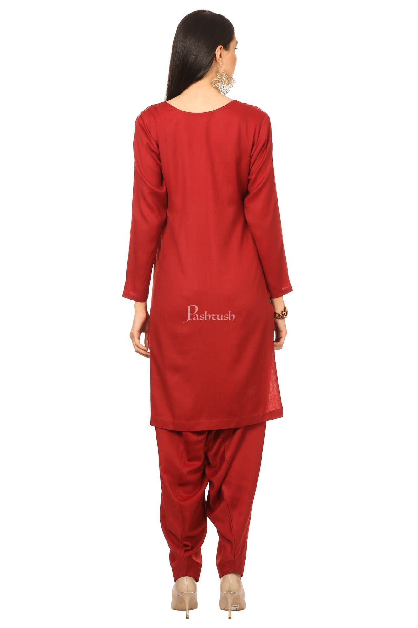 Pashtush India Womens Stoles and Scarves Scarf Pashtush Embroidery Suit, Fine Wool (Unstitched) - Maroon