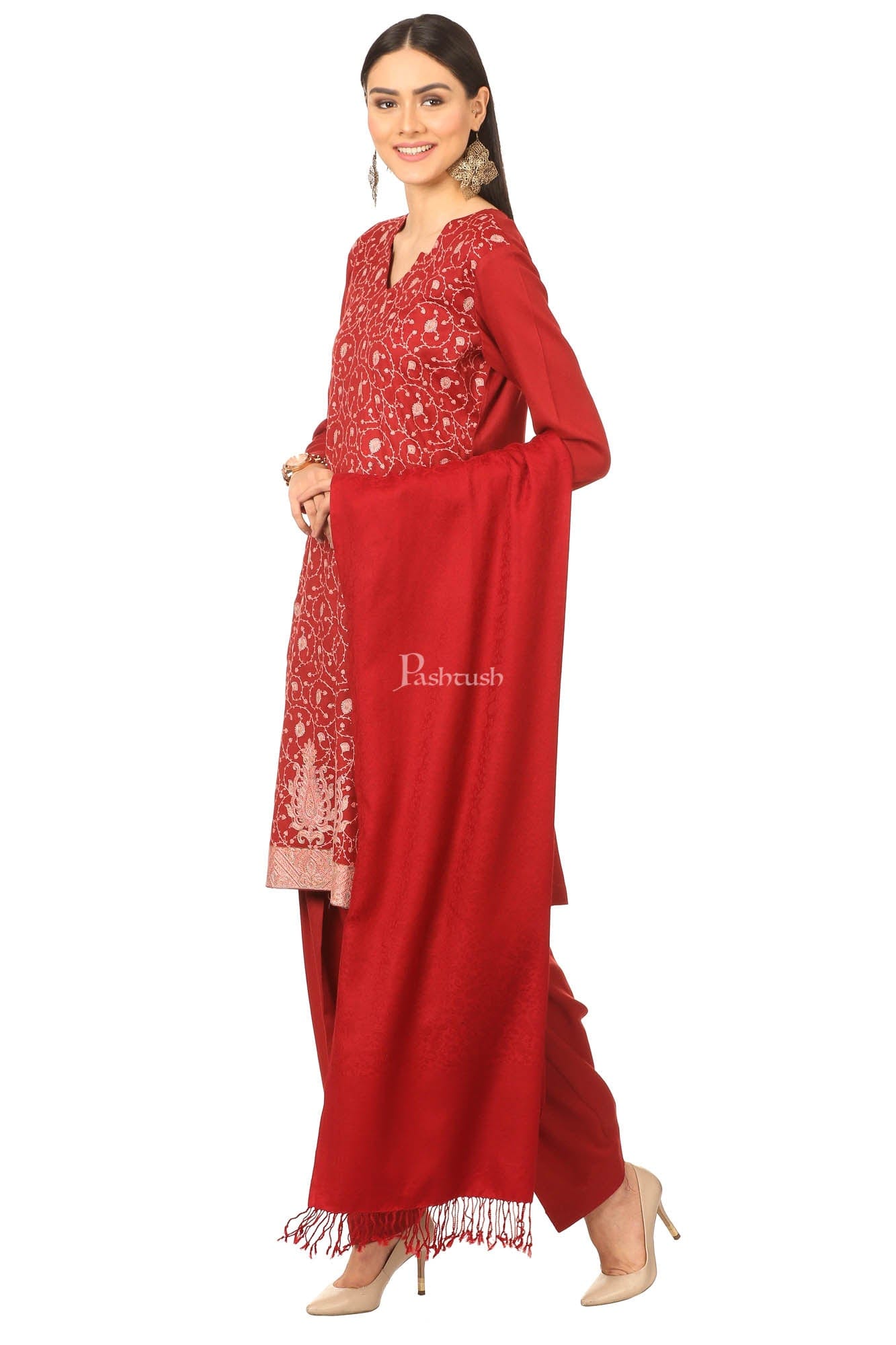 Pashtush India Womens Stoles and Scarves Scarf Pashtush Embroidery Suit, Fine Wool (Unstitched) - Maroon