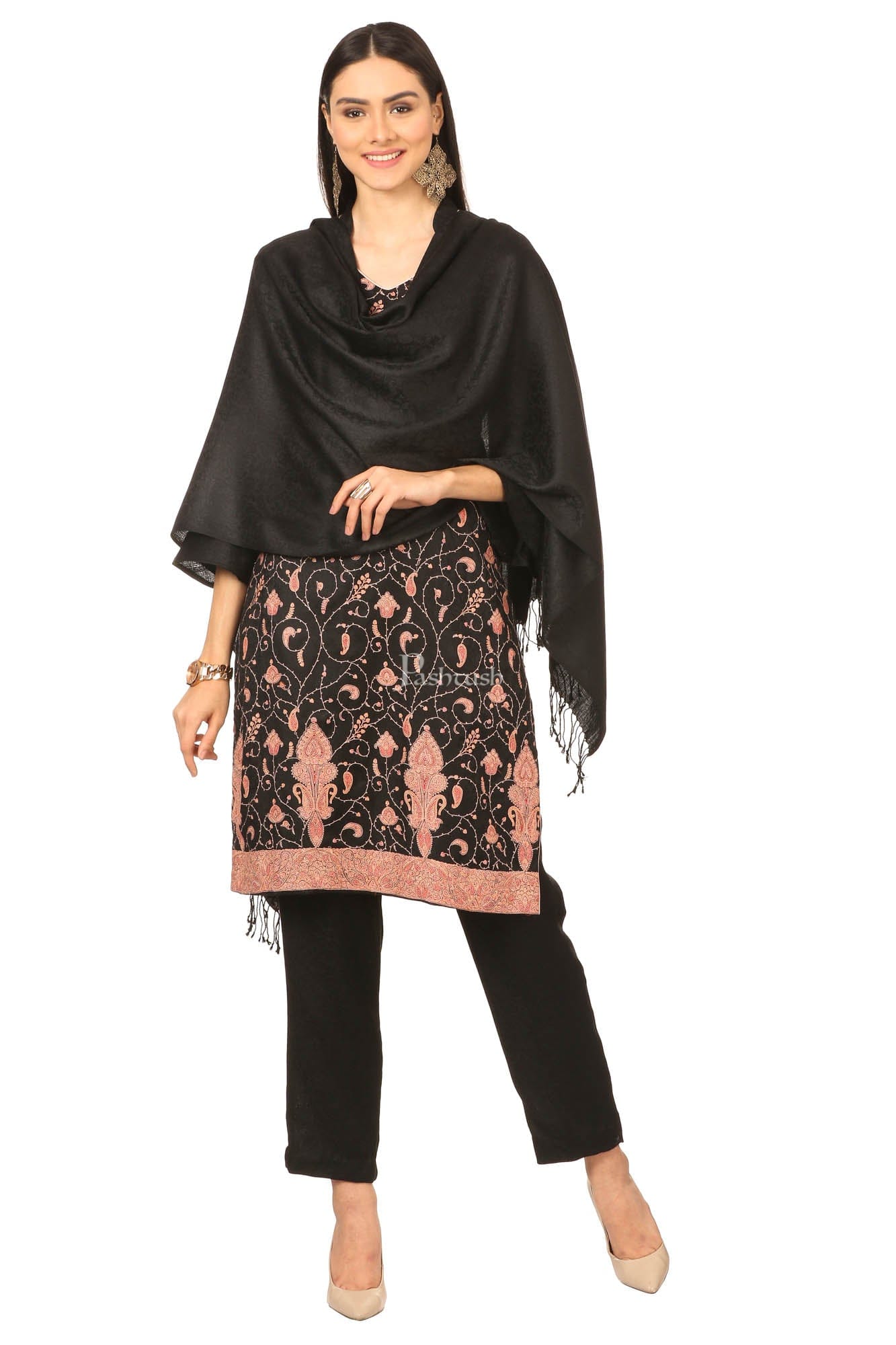 Pashtush India Womens Stoles and Scarves Scarf Pashtush Embroidery Suit, Fine Wool (Unstitched) - Rich Black