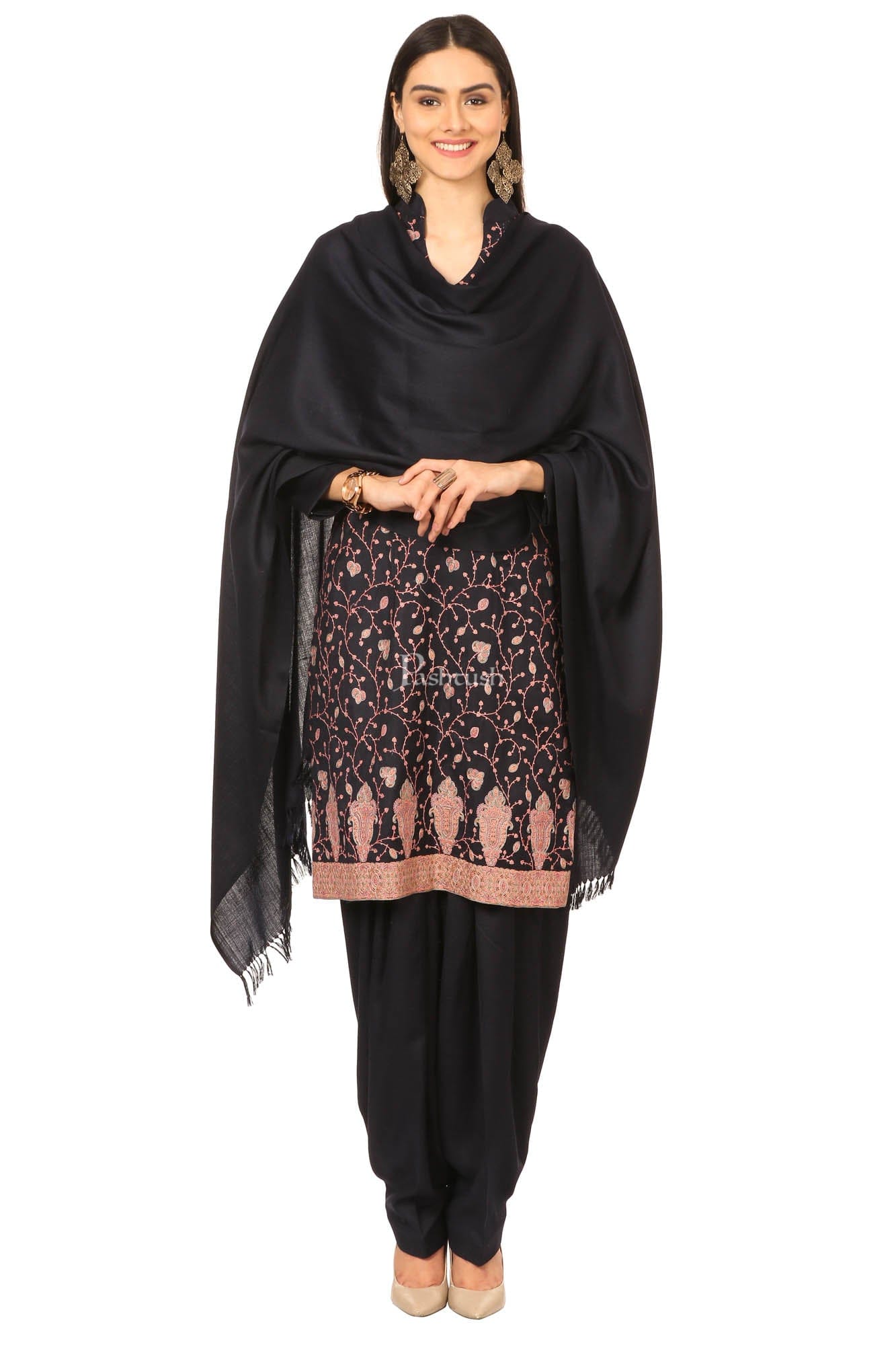 Pashtush India Womens Stoles and Scarves Scarf Pashtush Embroidery Suit, With Self Stole (Unstitched) - Midnight Blue