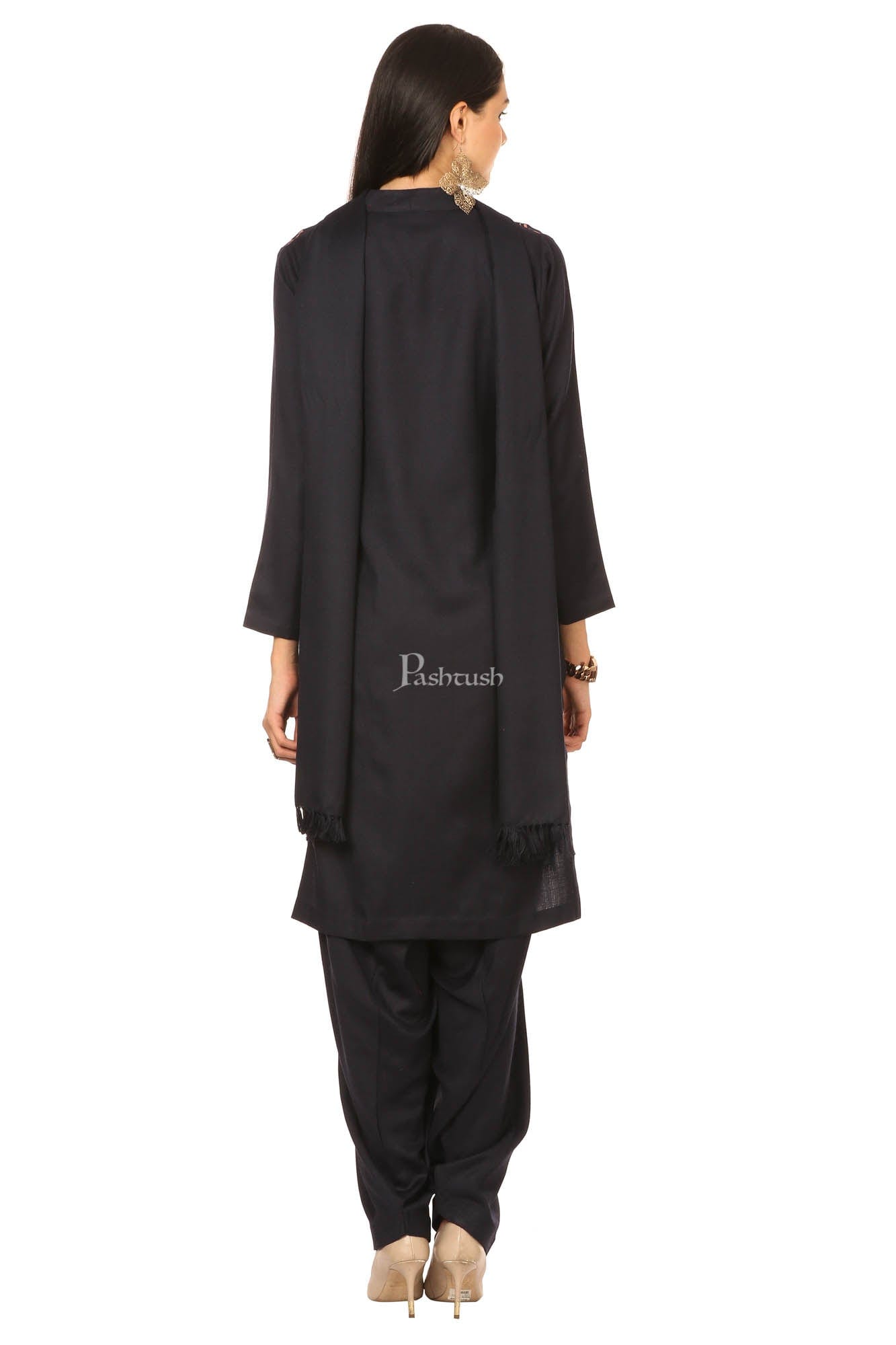 Pashtush India Womens Stoles and Scarves Scarf Pashtush Embroidery Suit, With Self Stole (Unstitched) - Midnight Blue