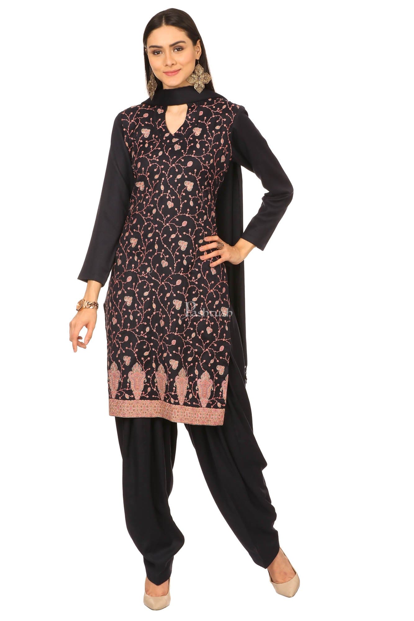 Pashtush India Womens Stoles and Scarves Scarf Pashtush Embroidery Suit, With Self Stole (Unstitched) - Midnight Blue