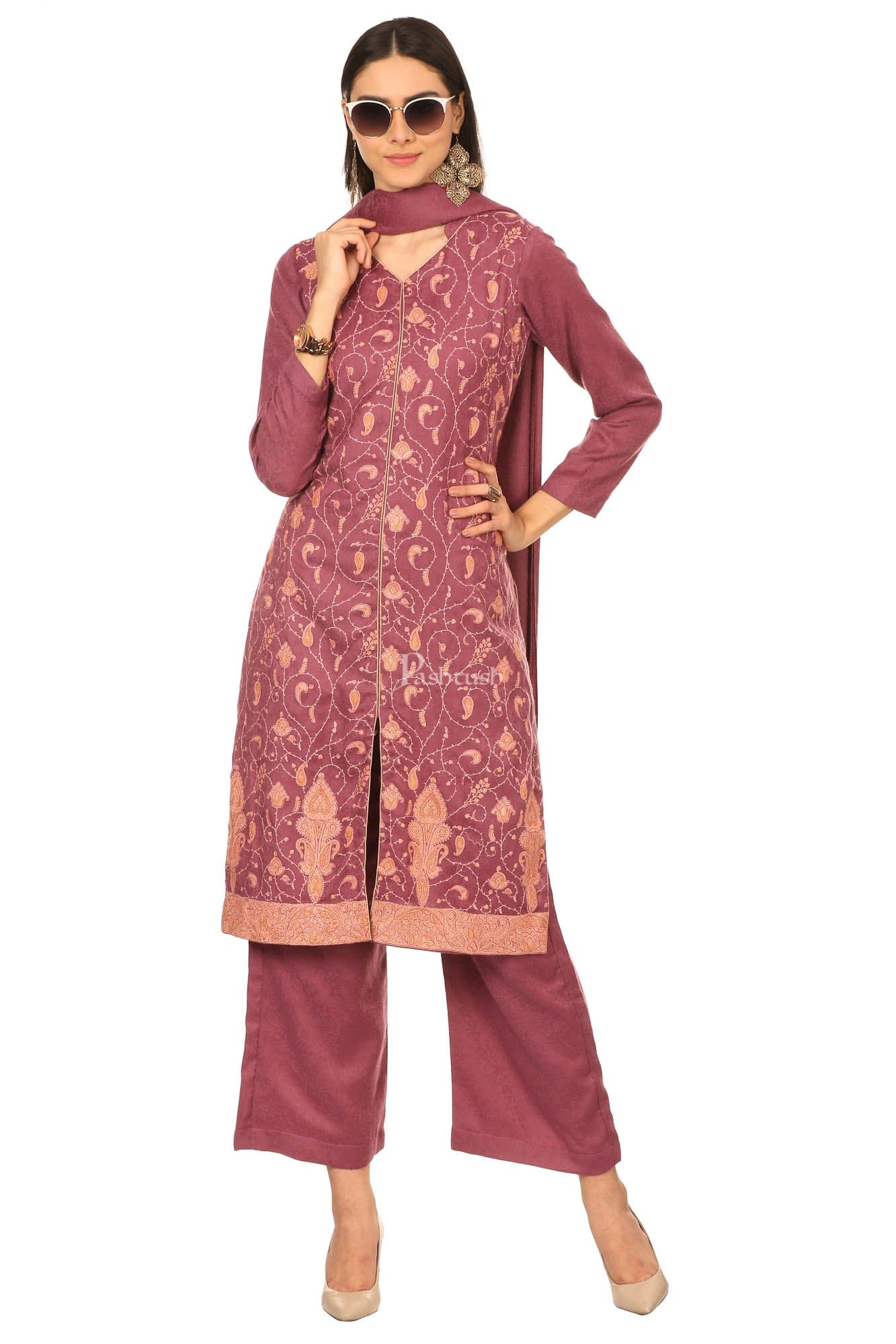 Pashtush India Womens Stoles and Scarves Scarf Pashtush Embroidery Suit, With Self Stole (Unstitched) - Peel Lilac