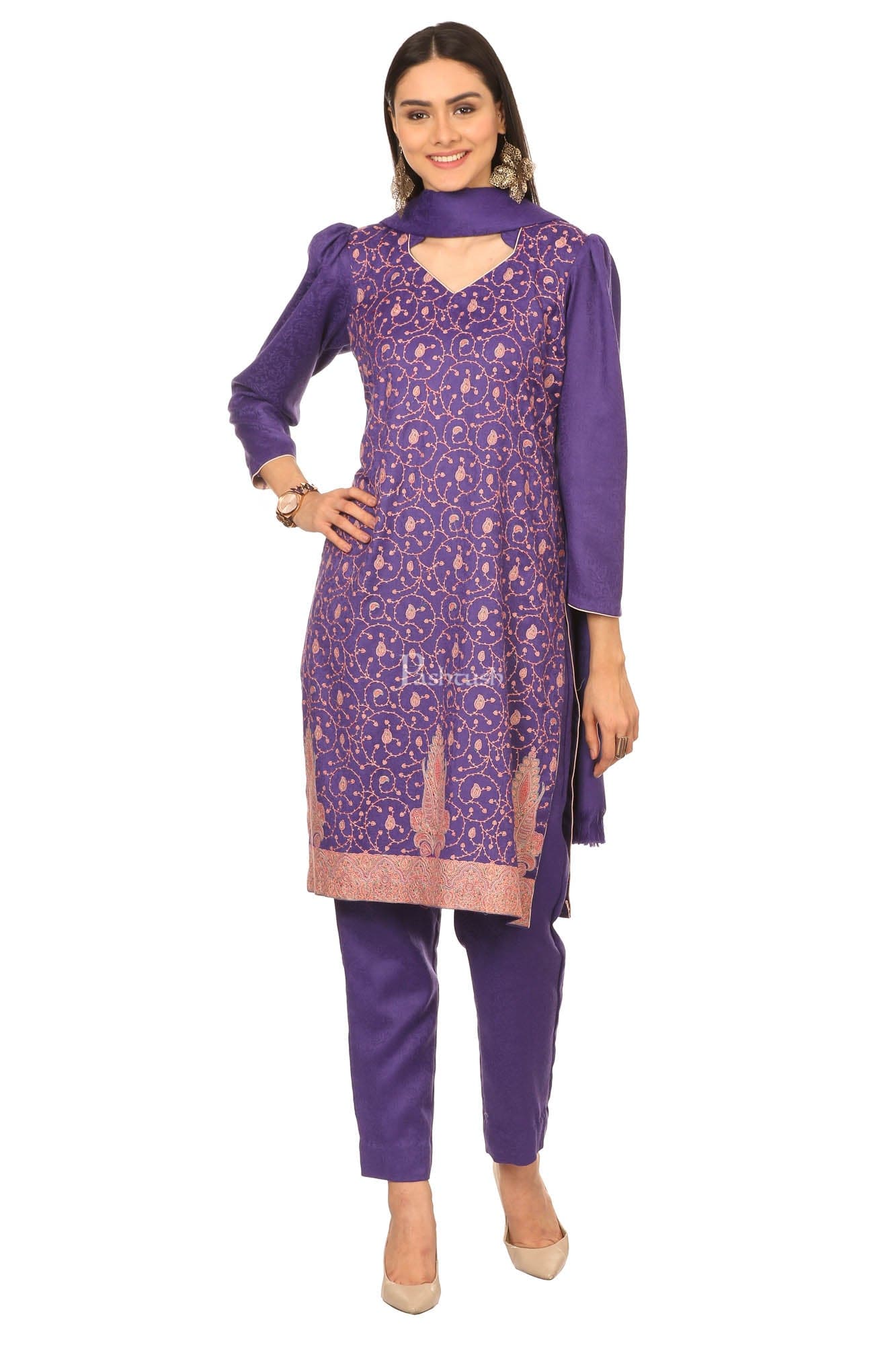 Pashtush India Womens Stoles and Scarves Scarf Pashtush Embroidery Suit, With Self Stole (Unstitched) - Purple