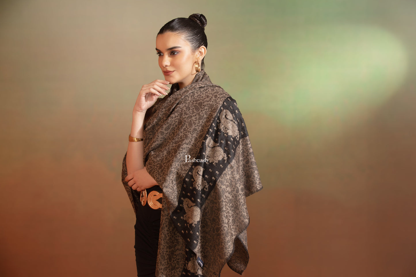 Pashtush India Womens Shawls Pashtush Extra Fine Wool Shawl, Tone On Tone Palla Embroidery Design, Black