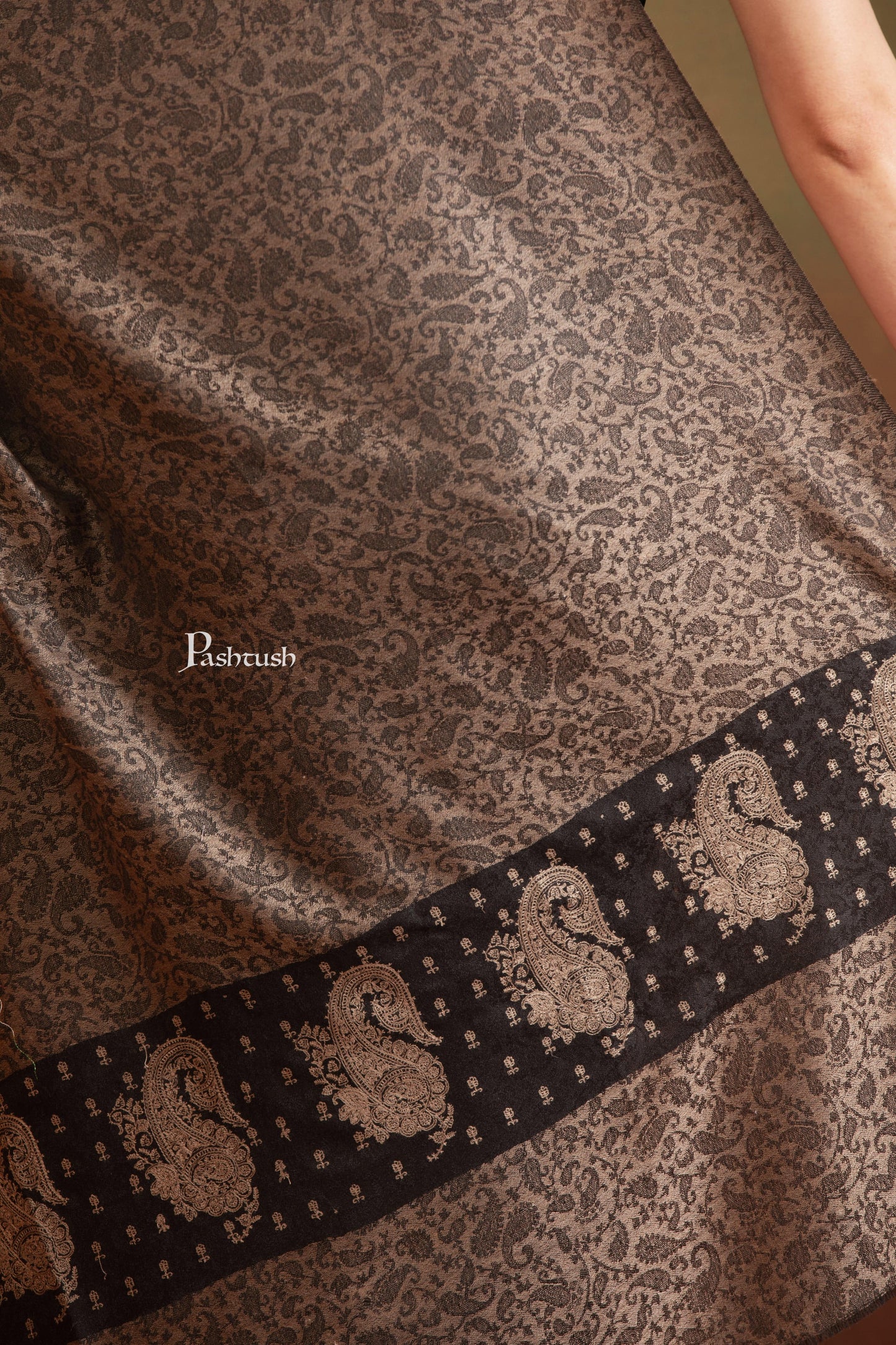 Pashtush India Womens Shawls Pashtush Extra Fine Wool Shawl, Tone On Tone Palla Embroidery Design, Black