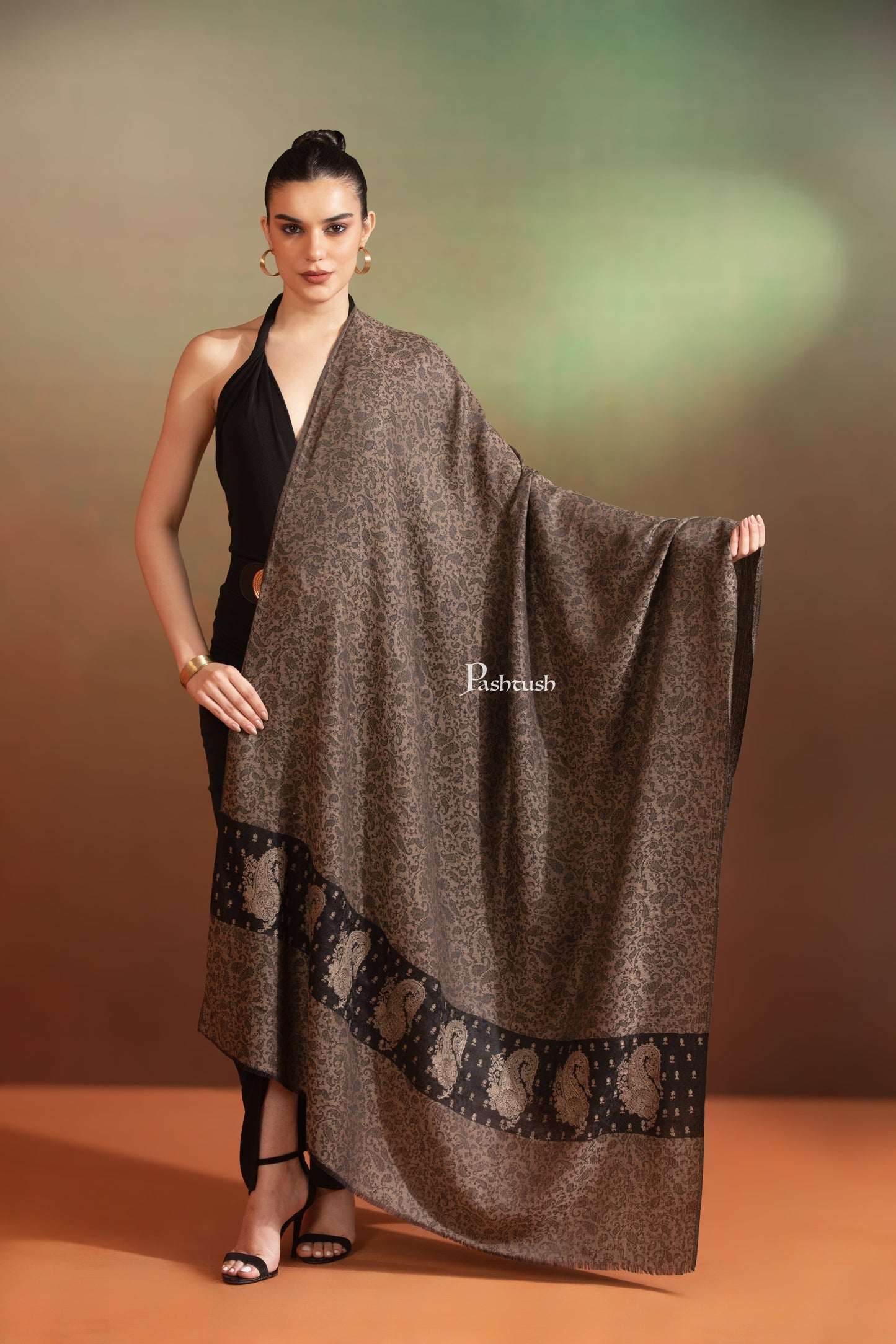 Pashtush India Womens Shawls Pashtush Extra Fine Wool Shawl, Tone On Tone Palla Embroidery Design, Black