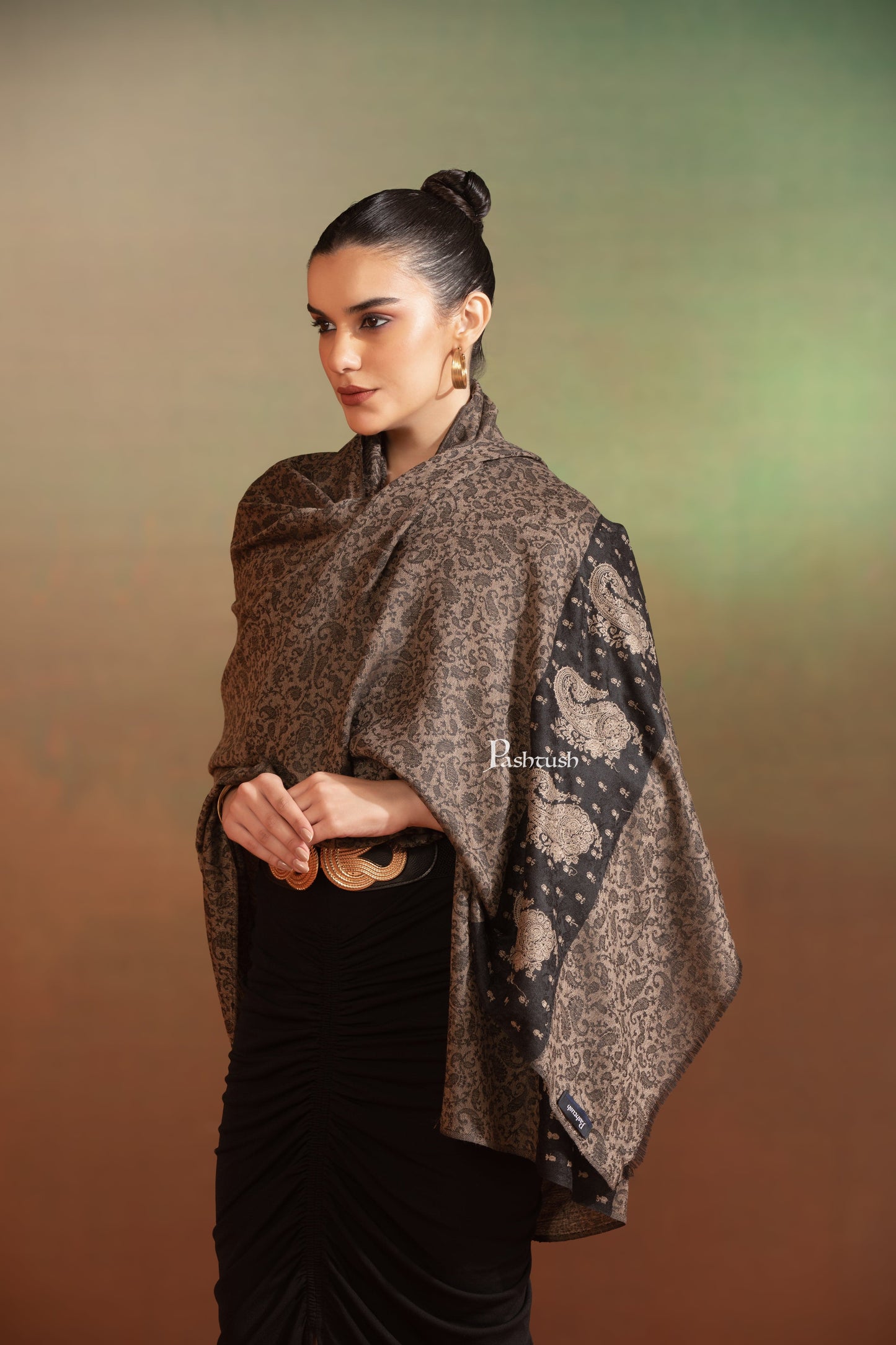 Pashtush India Womens Shawls Pashtush Extra Fine Wool Shawl, Tone On Tone Palla Embroidery Design, Black