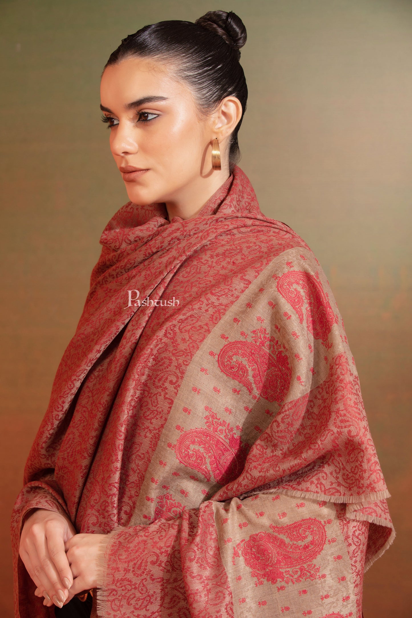 Pashtush India Womens Shawls Pashtush Extra Fine Wool Shawl, Tone On Tone Palla Embroidery Design, Rose
