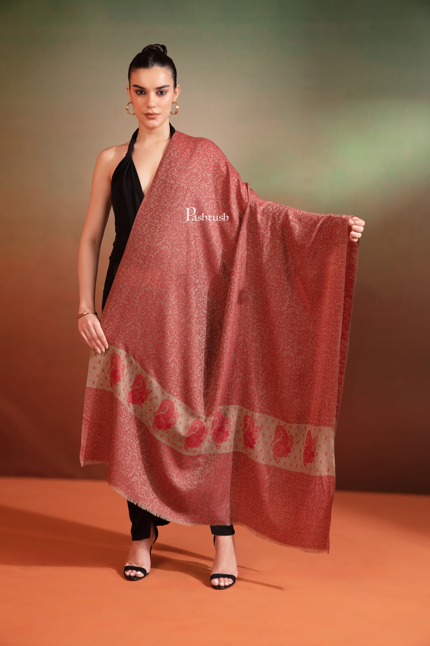 Pashtush India Womens Shawls Pashtush Extra Fine Wool Shawl, Tone On Tone Palla Embroidery Design, Rose