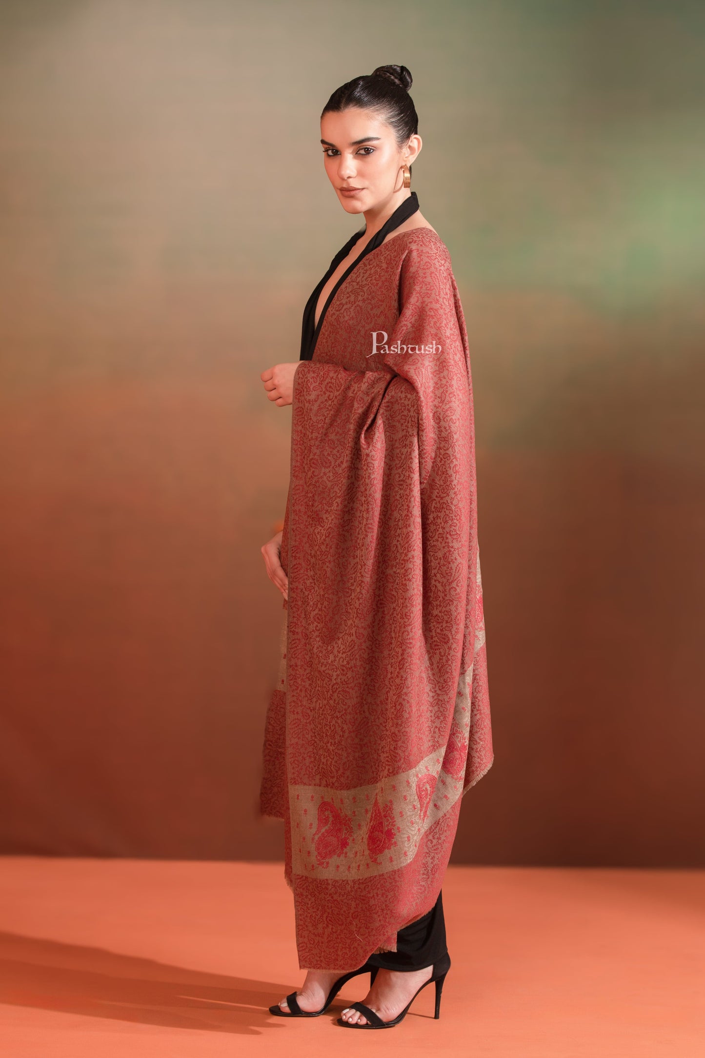 Pashtush India Womens Shawls Pashtush Extra Fine Wool Shawl, Tone On Tone Palla Embroidery Design, Rose