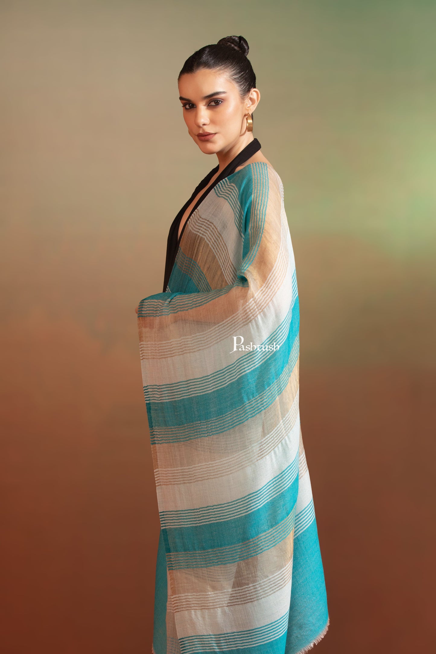 Pashtush India Womens Stoles and Scarves Scarf Pashtush Extra Fine Wool Stole, Twilight Collection, Shimmery Weave Blue And Gold