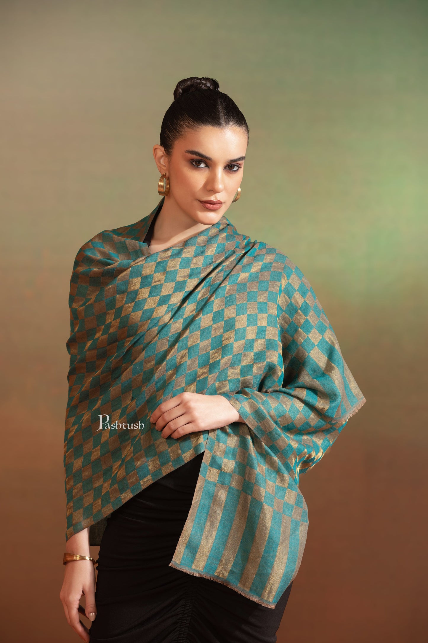 Pashtush India Womens Stoles and Scarves Scarf Pashtush Extra Fine Wool Stole, Twilight Collection, Shimmery Weave Blue And Gold