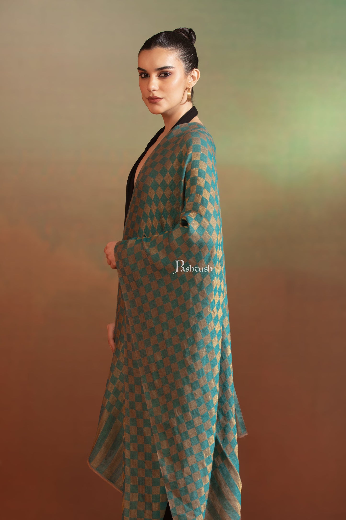 Pashtush India Womens Stoles and Scarves Scarf Pashtush Extra Fine Wool Stole, Twilight Collection, Shimmery Weave Blue And Gold