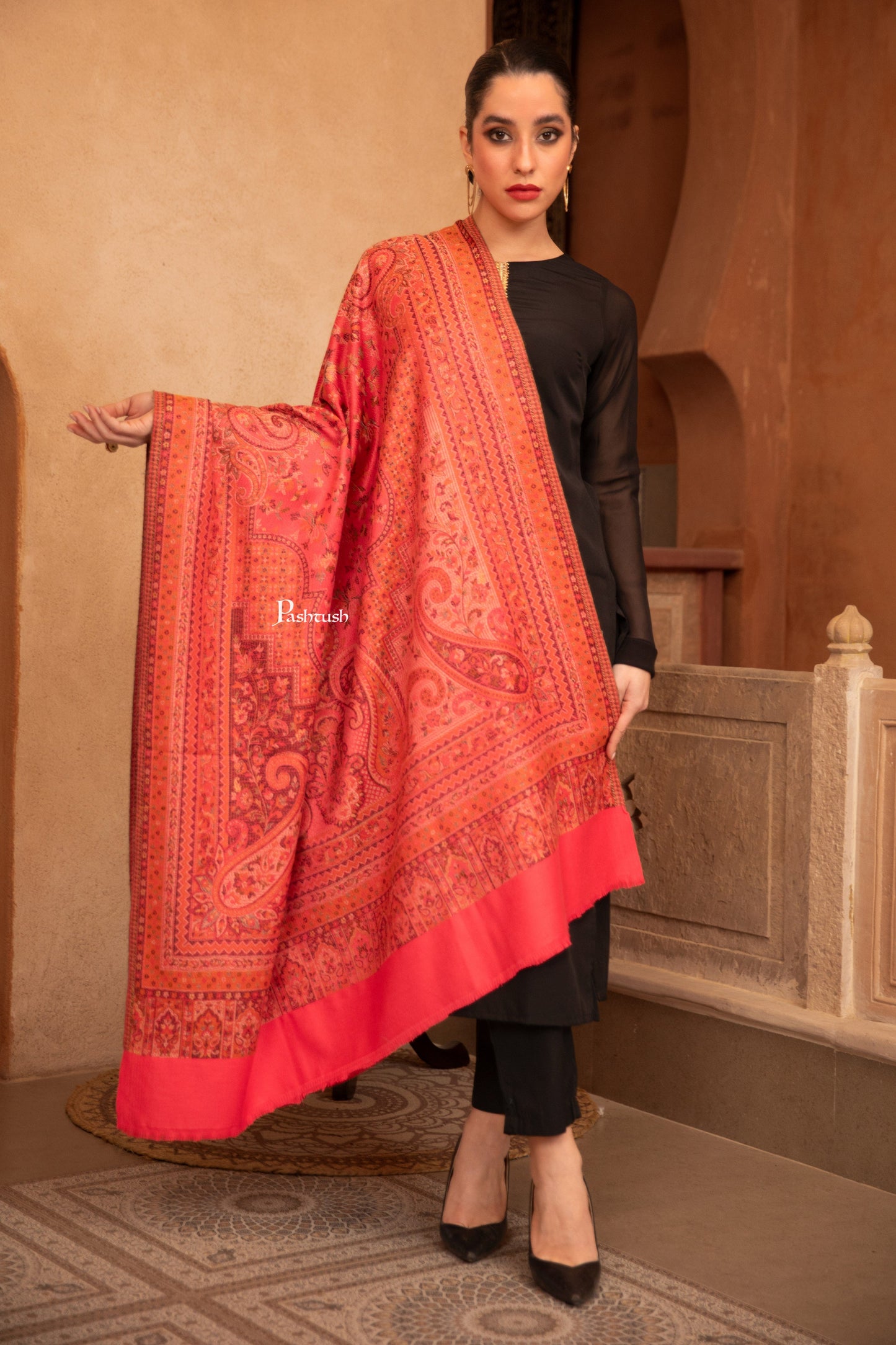 Pashtush India Womens Shawls Pashtush Faux Pashmina Shawl, Jamawar Paisley Design, Dark Pink