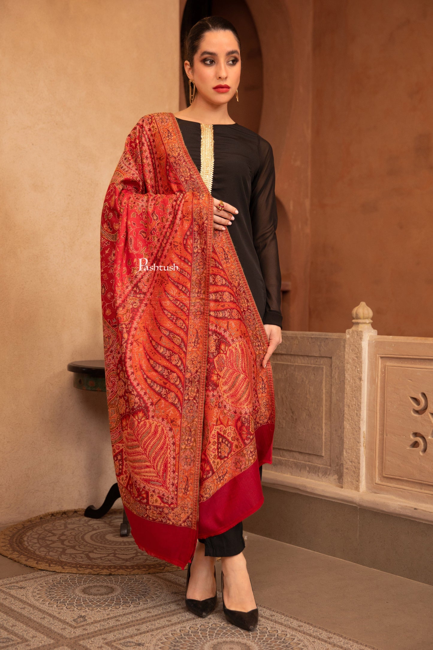 Pashtush India Womens Shawls Pashtush Faux Pashmina Shawl, Jamawar Paisley Design, Maroon