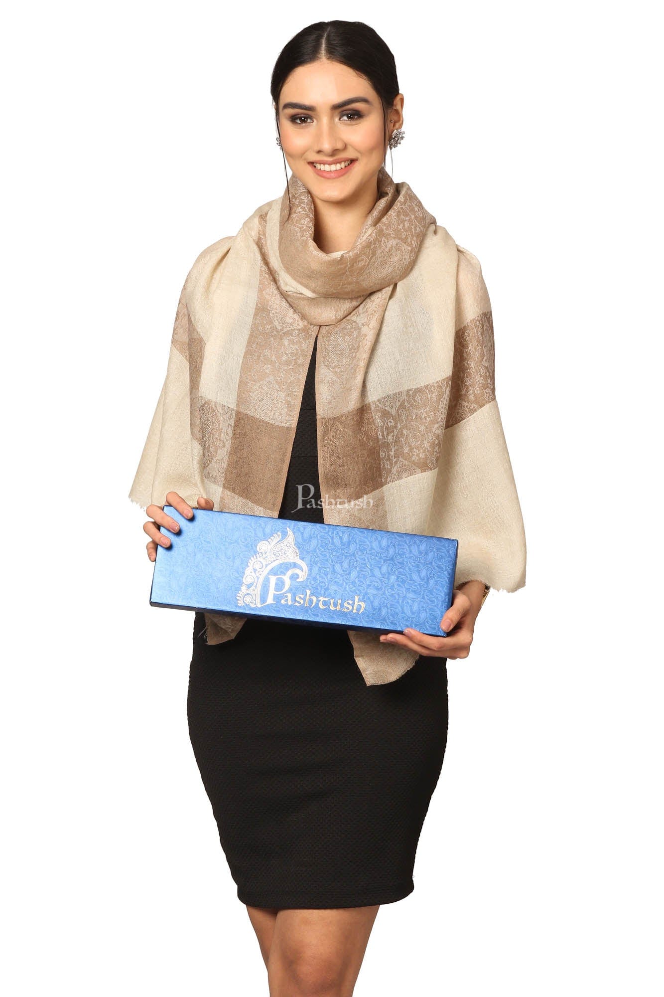 Pashtush India Womens Stoles and Scarves Scarf Pashtush Fine Wool Luxury Striped Design Scarf, Stole, Weaving Design - Beige