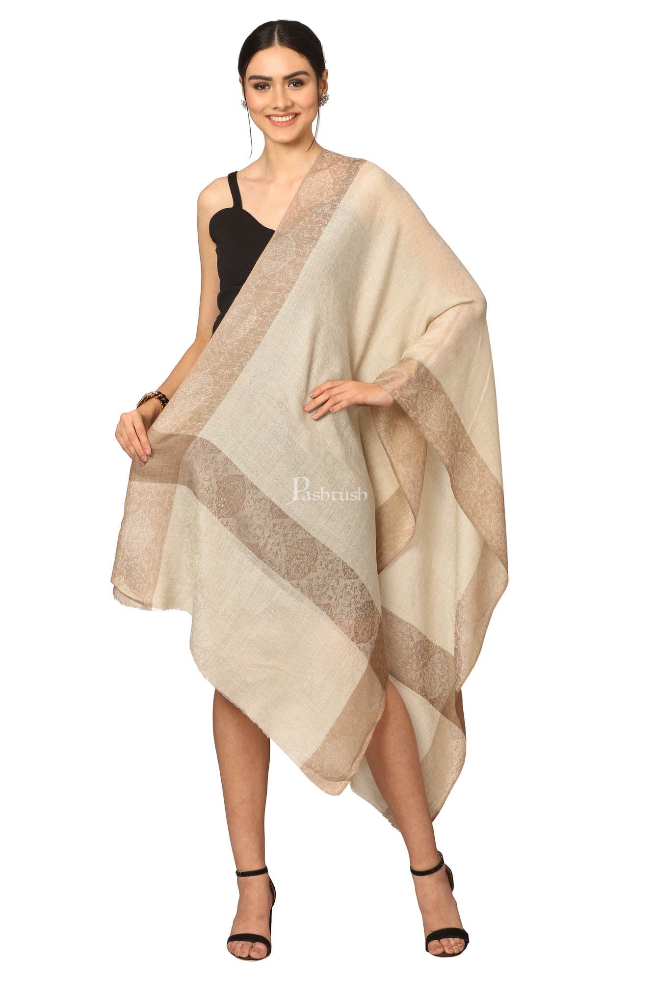Pashtush India Womens Stoles and Scarves Scarf Pashtush Fine Wool Luxury Striped Design Scarf, Stole, Weaving Design - Beige