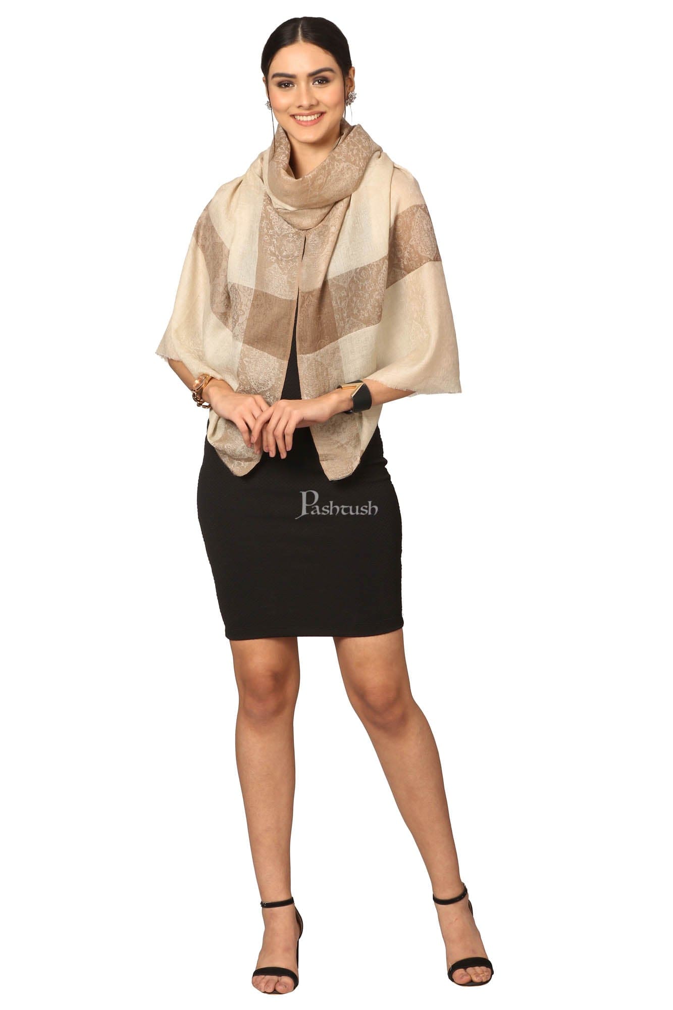 Pashtush India Womens Stoles and Scarves Scarf Pashtush Fine Wool Luxury Striped Design Scarf, Stole, Weaving Design - Beige