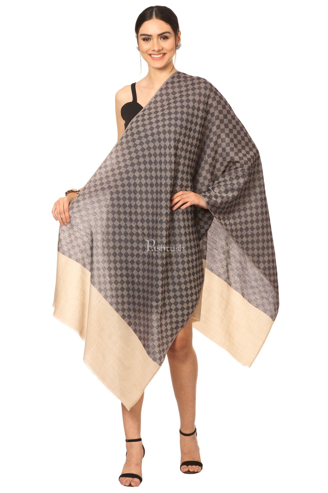 Pashtush India Womens Stoles and Scarves Scarf Pashtush Fine Wool Luxury Striped Design Scarf, Stole, Weaving Design - Black