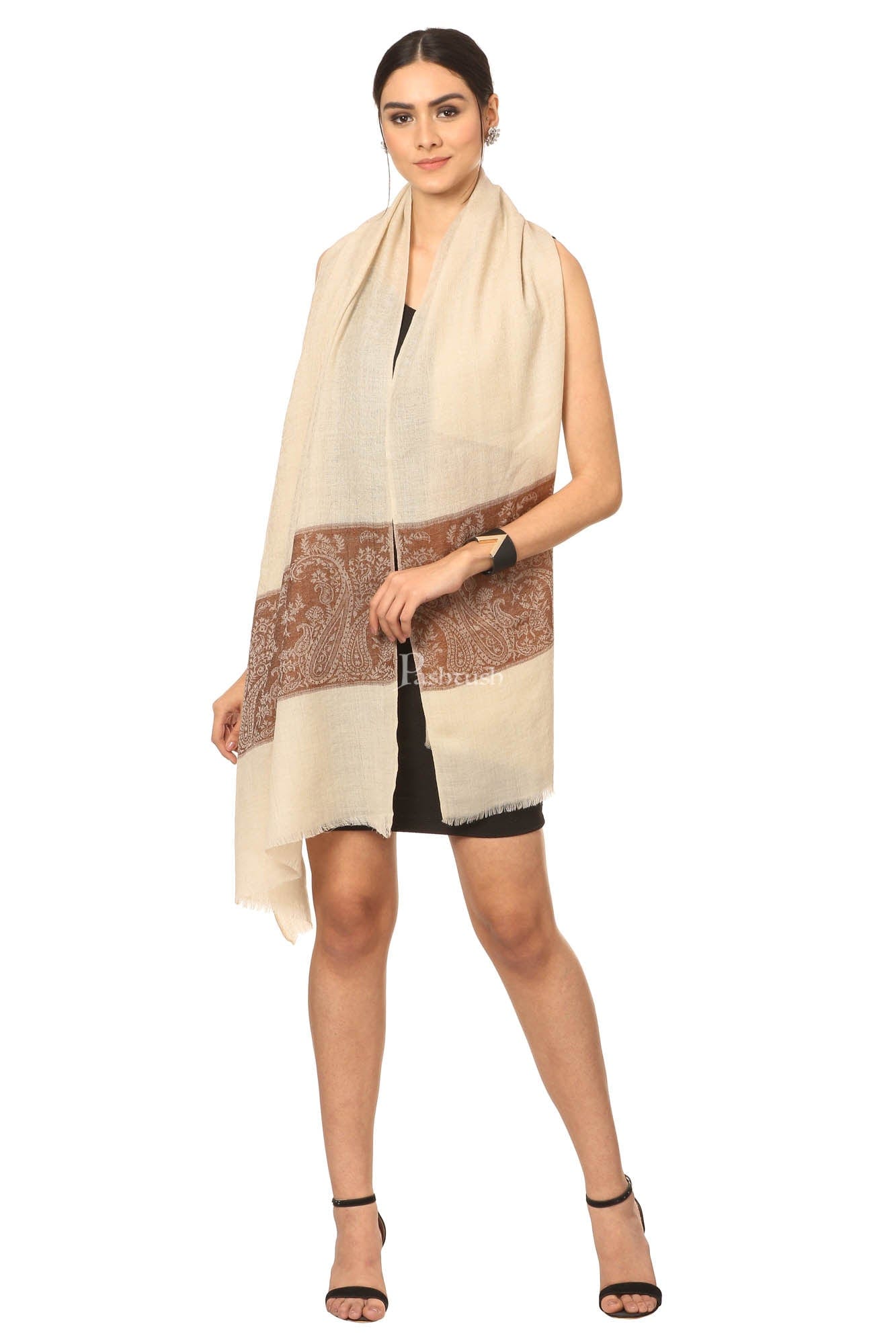 Pashtush India Womens Stoles and Scarves Scarf Pashtush Fine Wool Luxury Striped Design Scarf, Stole, Weaving Design - Coffee