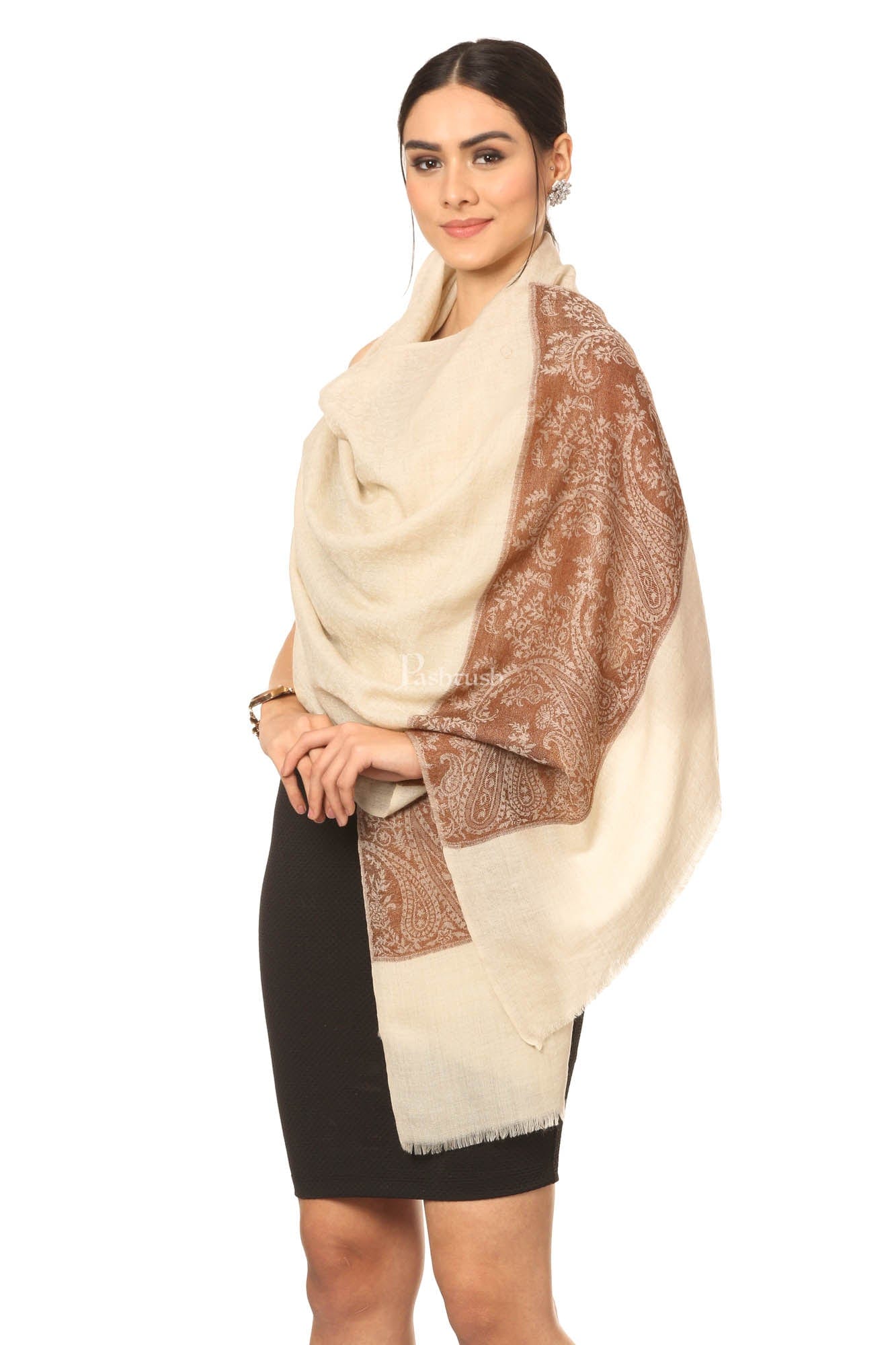 Pashtush India Womens Stoles and Scarves Scarf Pashtush Fine Wool Luxury Striped Design Scarf, Stole, Weaving Design - Coffee